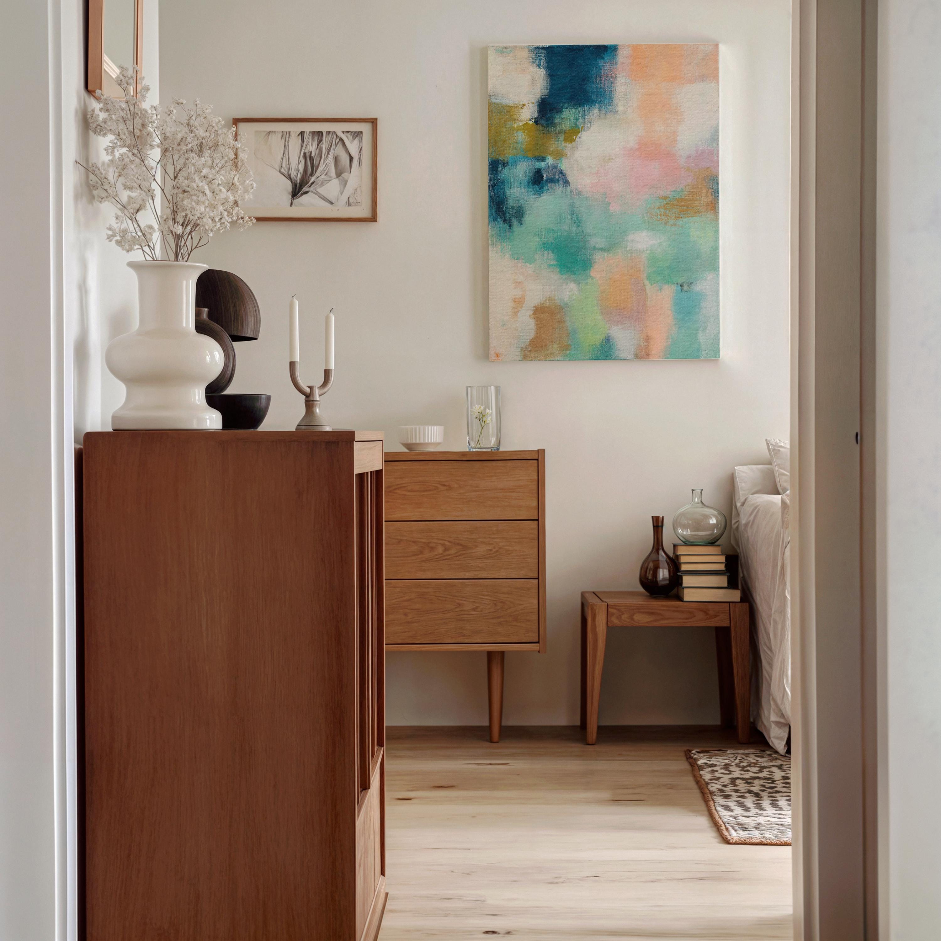 Large vertical abstract canvas wall art in teal, peach, cream, blush, and muted gold tones, designed for above sofa or bedroom placement, offering soft coastal color and calm movement for oversized wall decor.