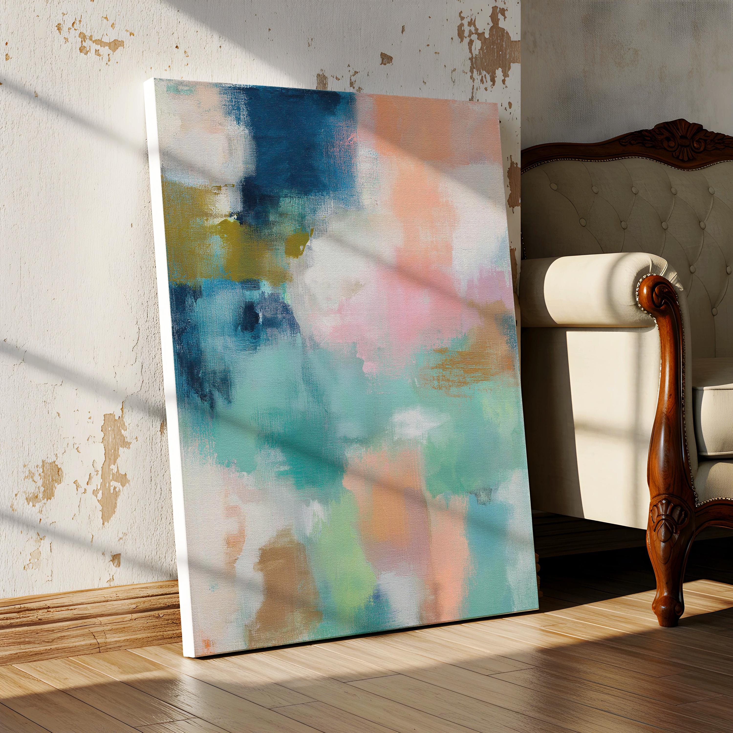 Large vertical abstract canvas wall art in teal, peach, cream, blush, and muted gold tones, designed for above sofa or bedroom placement, offering soft coastal color and calm movement for oversized wall decor.