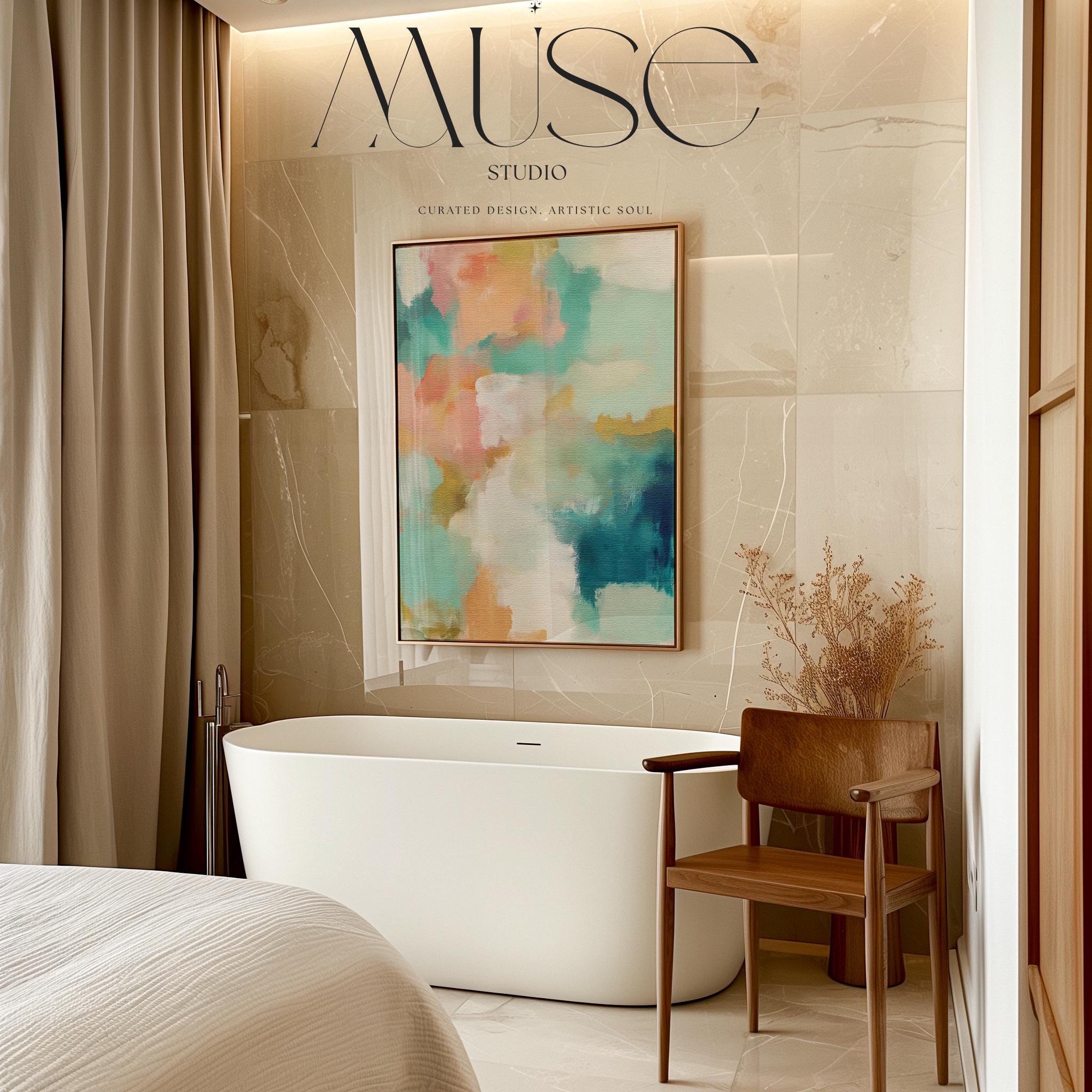 Large vertical abstract framed canvas wall art featuring coral, teal, seafoam green, cream, and soft gold tones, styled for bedroom or above console placement, offering airy coastal color and quiet luxury for tall walls.