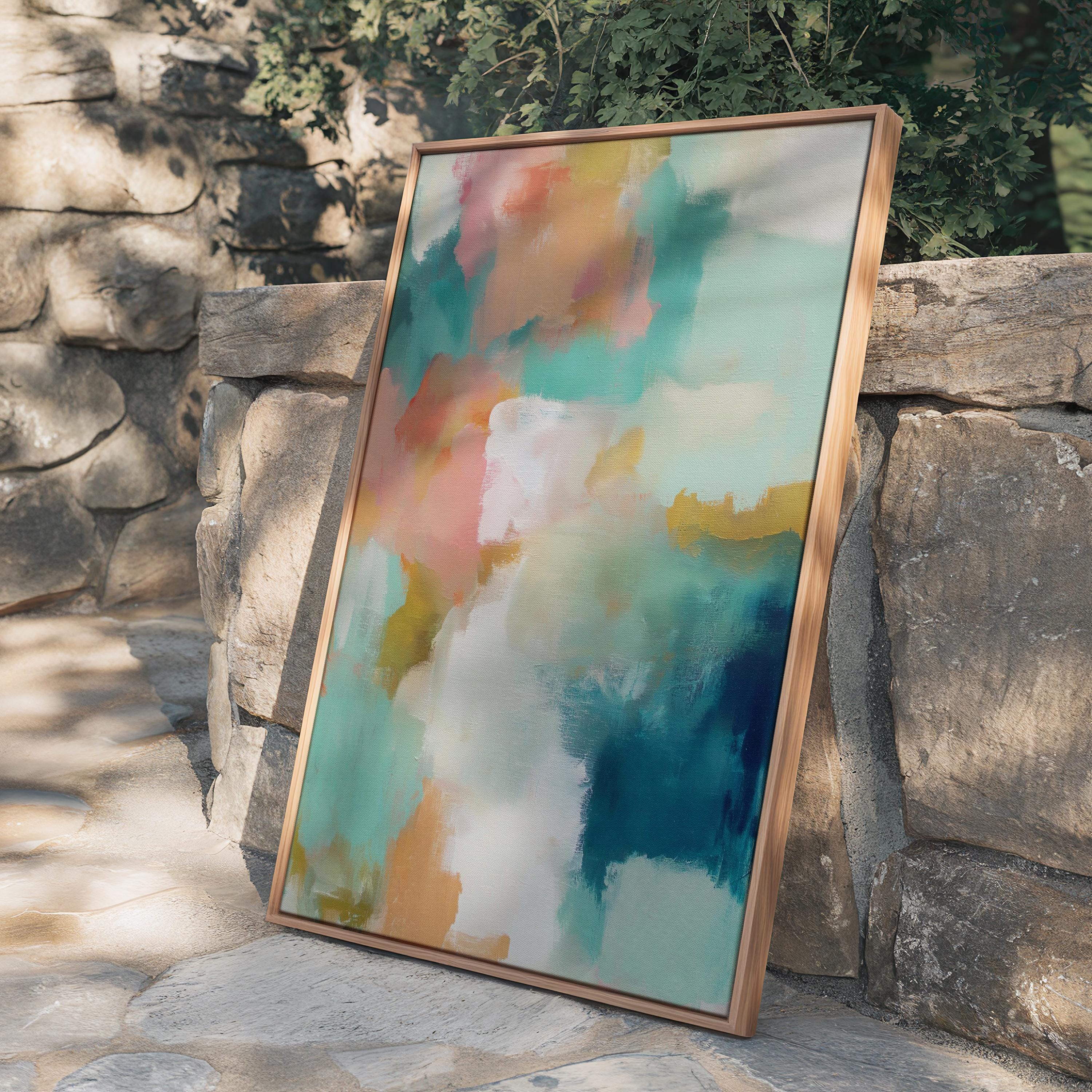 Large vertical abstract framed canvas wall art featuring coral, teal, seafoam green, cream, and soft gold tones, styled for bedroom or above console placement, offering airy coastal color and quiet luxury for tall walls.