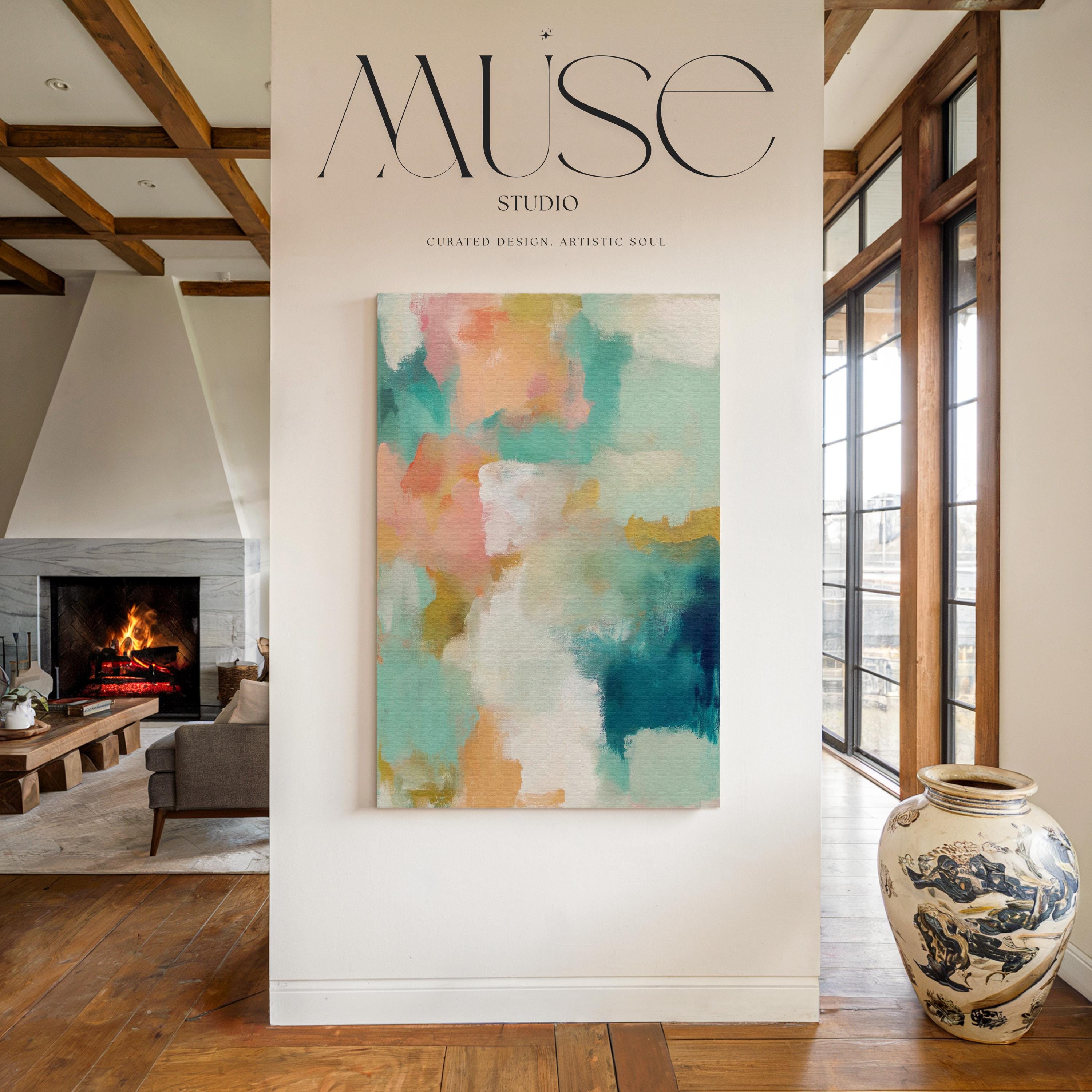 Large vertical abstract canvas wall art in coral, teal, seafoam green, cream, and muted gold tones, designed for above sofa or bedroom placement, offering soft coastal warmth and oversized wall impact.
