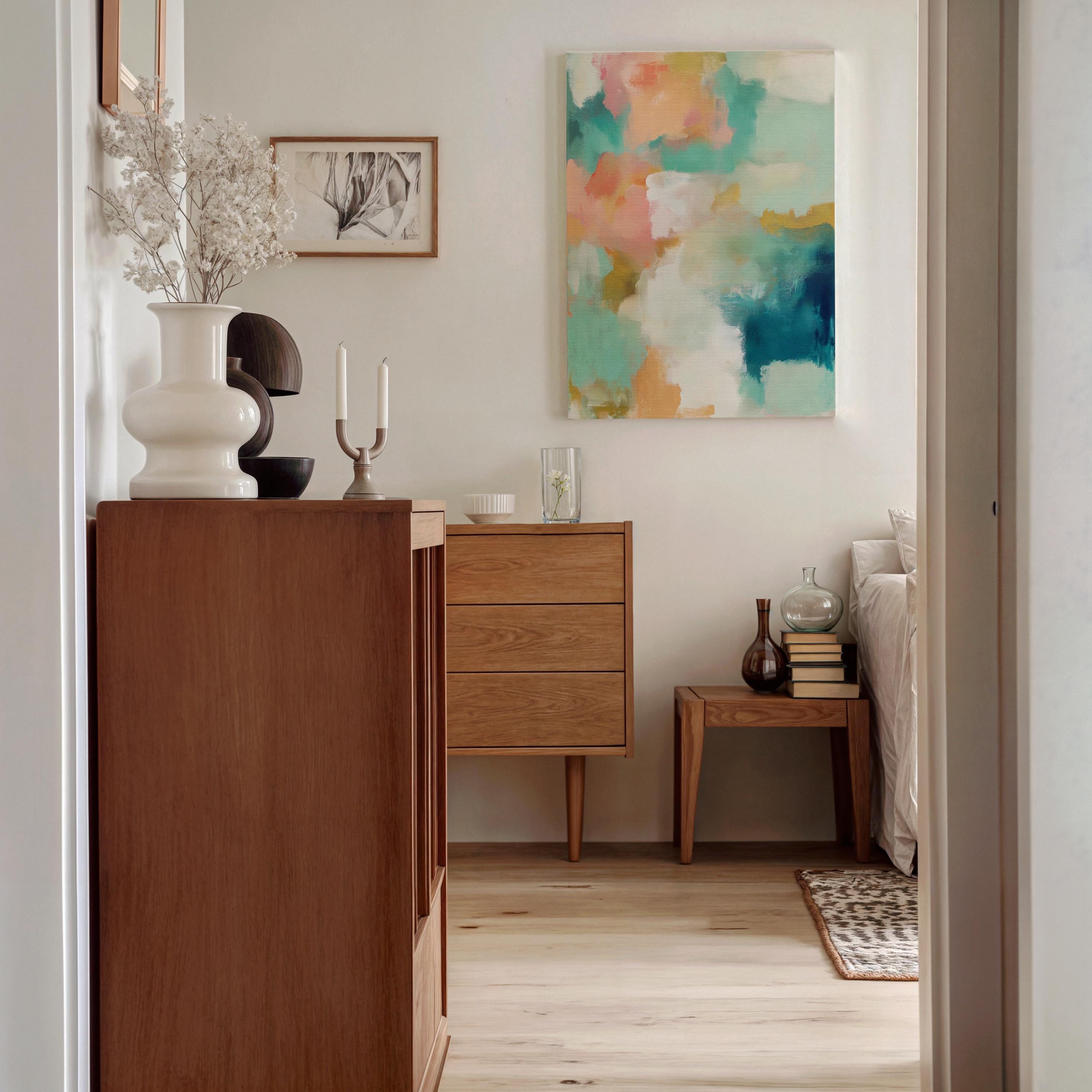 Large vertical abstract canvas wall art in coral, teal, seafoam green, cream, and muted gold tones, designed for above sofa or bedroom placement, offering soft coastal warmth and oversized wall impact.
