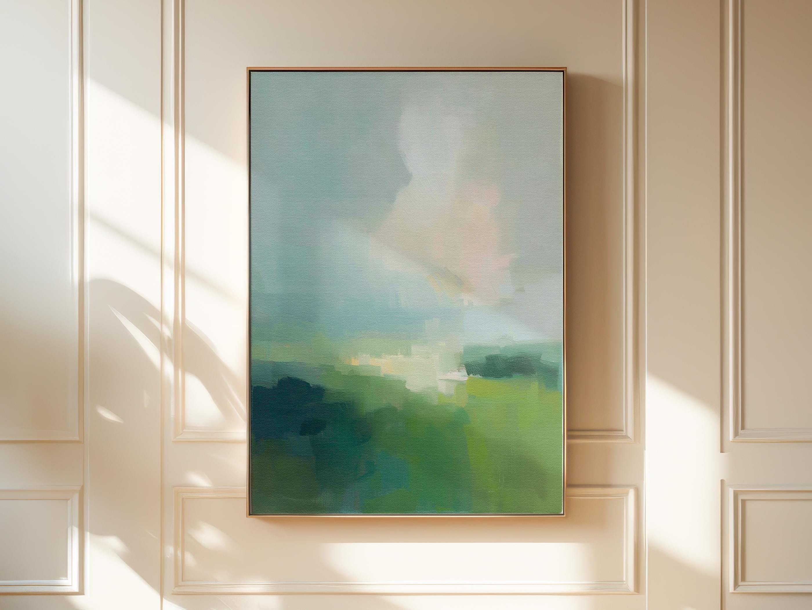 Large vertical abstract framed canvas wall art featuring soft green, sage, muted teal, and pale sky tones, styled for a serene bedroom or calming living space, offering fresh spring-inspired color and airy luxury for tall walls.