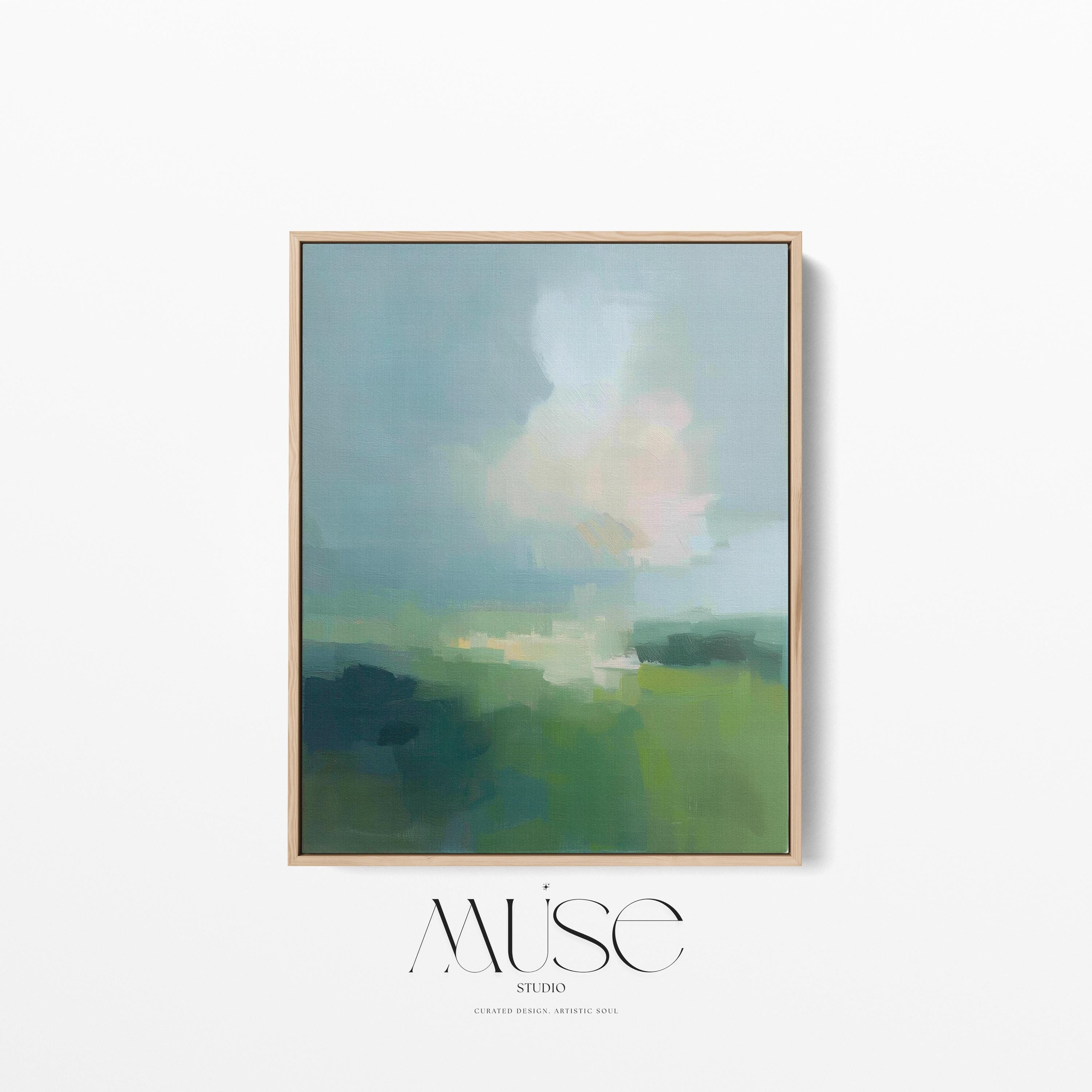 Large vertical abstract framed canvas wall art featuring soft green, sage, muted teal, and pale sky tones, styled for a serene bedroom or calming living space, offering fresh spring-inspired color and airy luxury for tall walls.