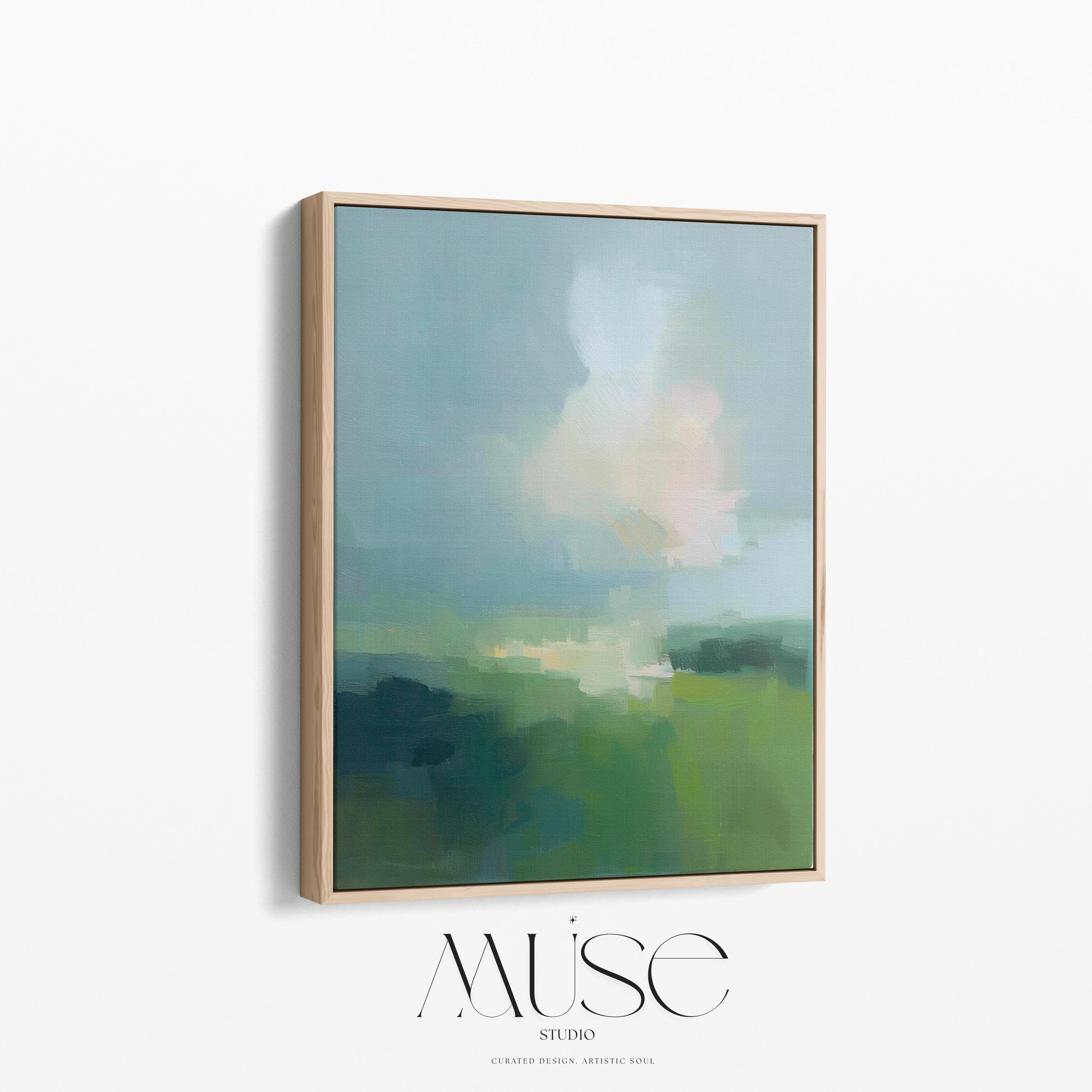 Large vertical abstract framed canvas wall art featuring soft green, sage, muted teal, and pale sky tones, styled for a serene bedroom or calming living space, offering fresh spring-inspired color and airy luxury for tall walls.