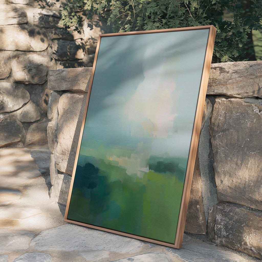 Large vertical abstract framed canvas wall art featuring soft green, sage, muted teal, and pale sky tones, styled for a serene bedroom or calming living space, offering fresh spring-inspired color and airy luxury for tall walls.