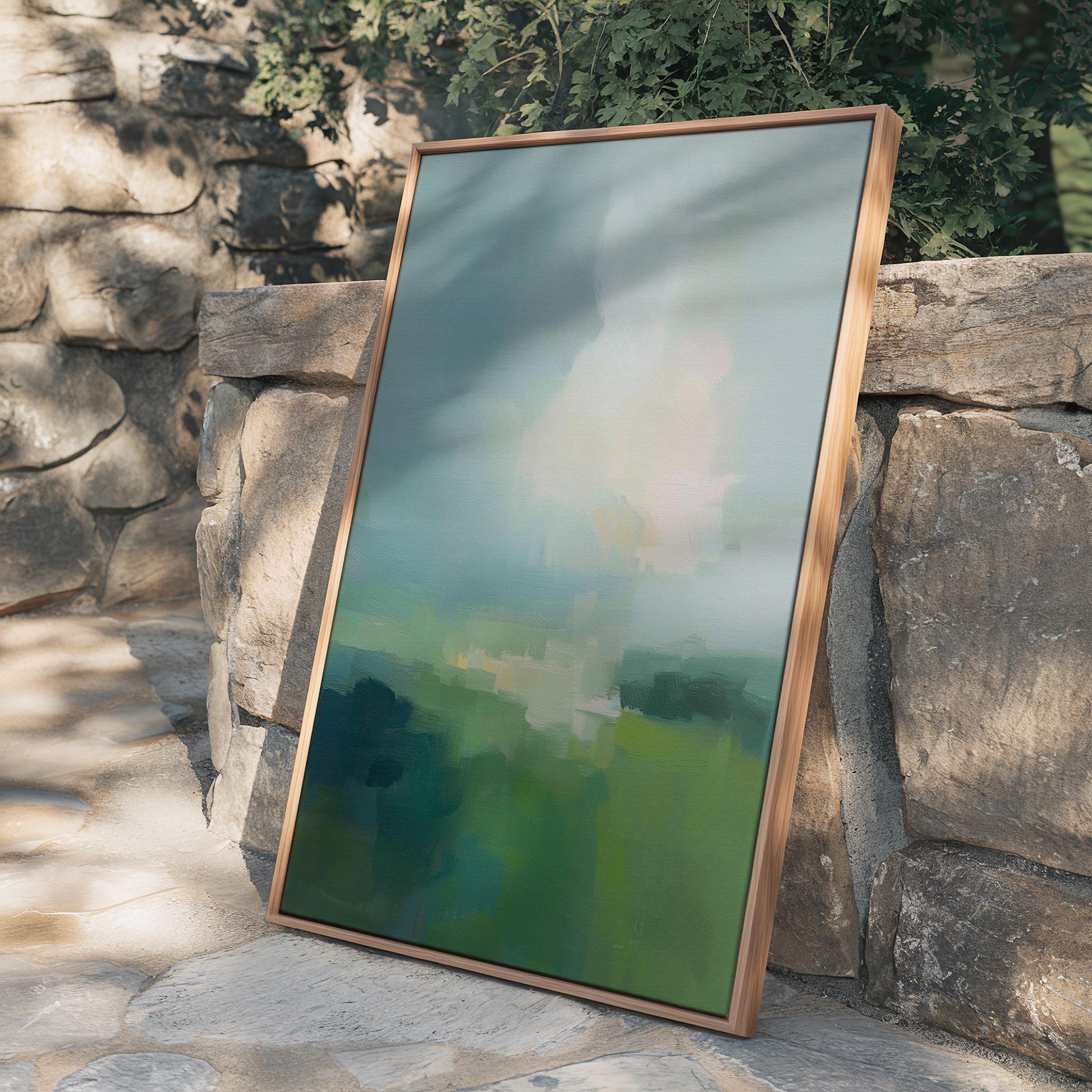 Large vertical abstract framed canvas wall art featuring soft green, sage, muted teal, and pale sky tones, styled for a serene bedroom or calming living space, offering fresh spring-inspired color and airy luxury for tall walls.