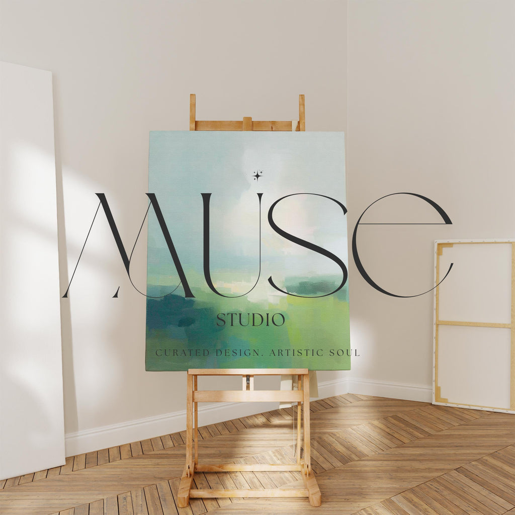 Large vertical abstract canvas wall art in soft green, sage, muted teal, and pale sky tones, designed for bedroom or above sofa placement, offering fresh spring green decor with calm landscape-inspired movement.