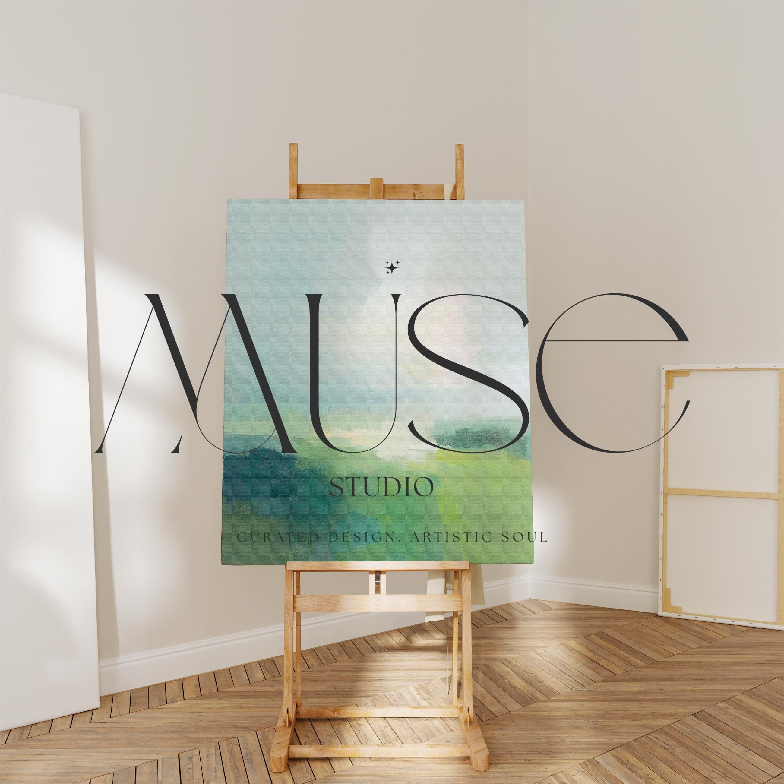 Large vertical abstract canvas wall art in soft green, sage, muted teal, and pale sky tones, designed for bedroom or above sofa placement, offering fresh spring green decor with calm landscape-inspired movement.