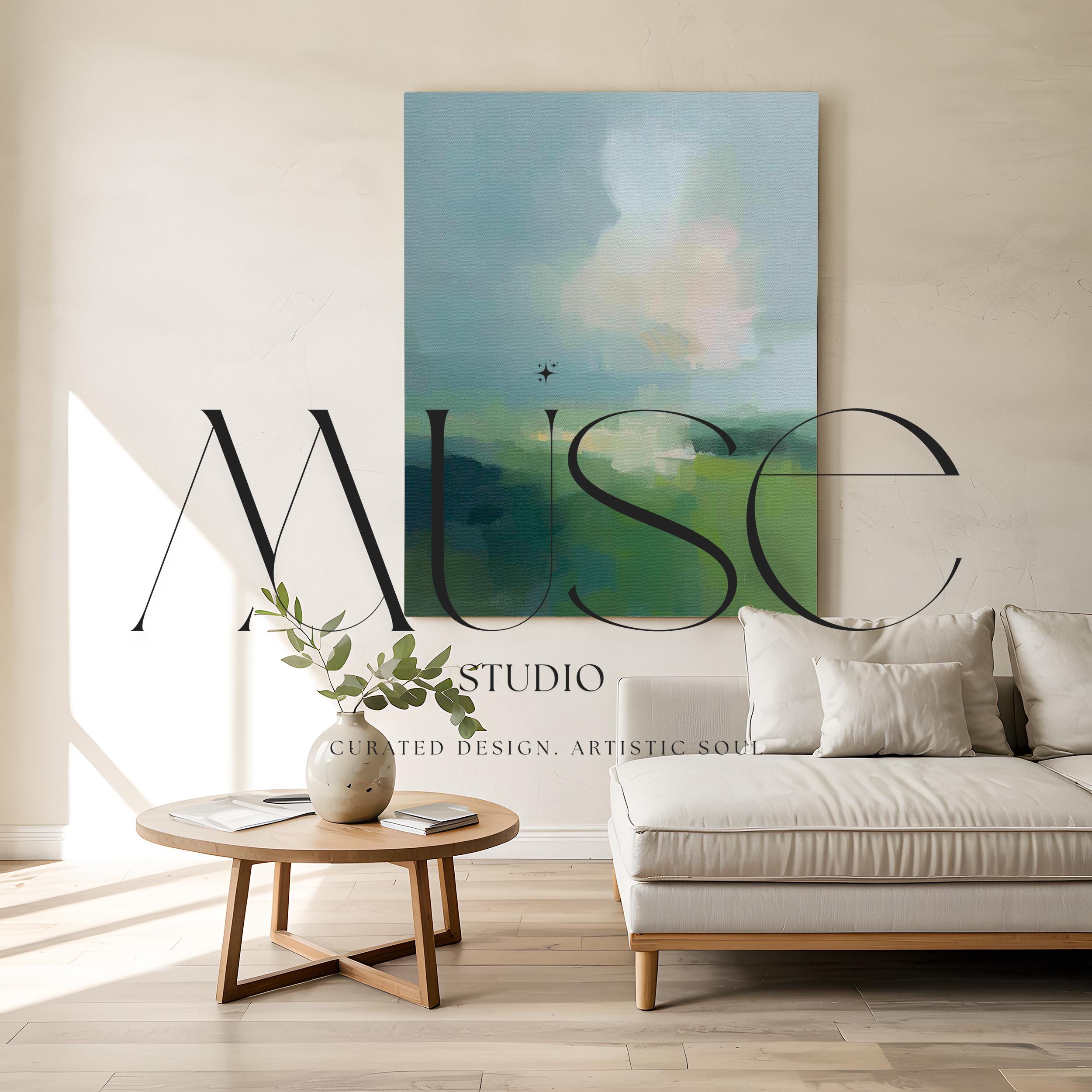 Large vertical abstract canvas wall art in soft green, sage, muted teal, and pale sky tones, designed for bedroom or above sofa placement, offering fresh spring green decor with calm landscape-inspired movement.