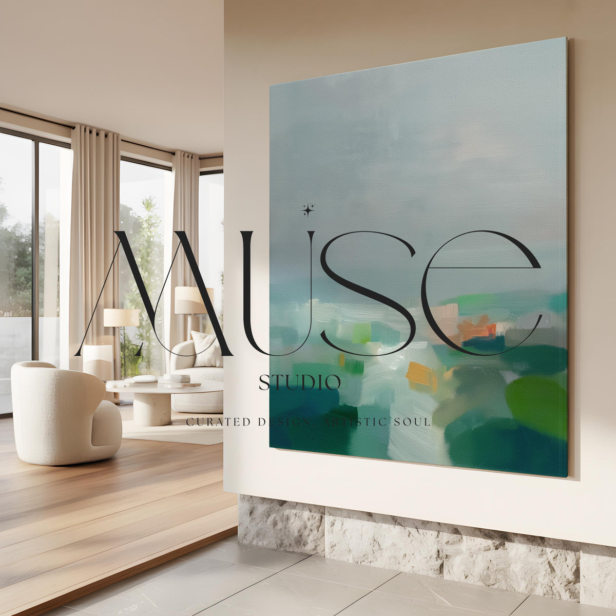 Large square abstract canvas wall art featuring soft green, aqua, and muted blue tones in a calming landscape composition, styled in a neutral interior to create an airy, refined focal point for living rooms or bedrooms.