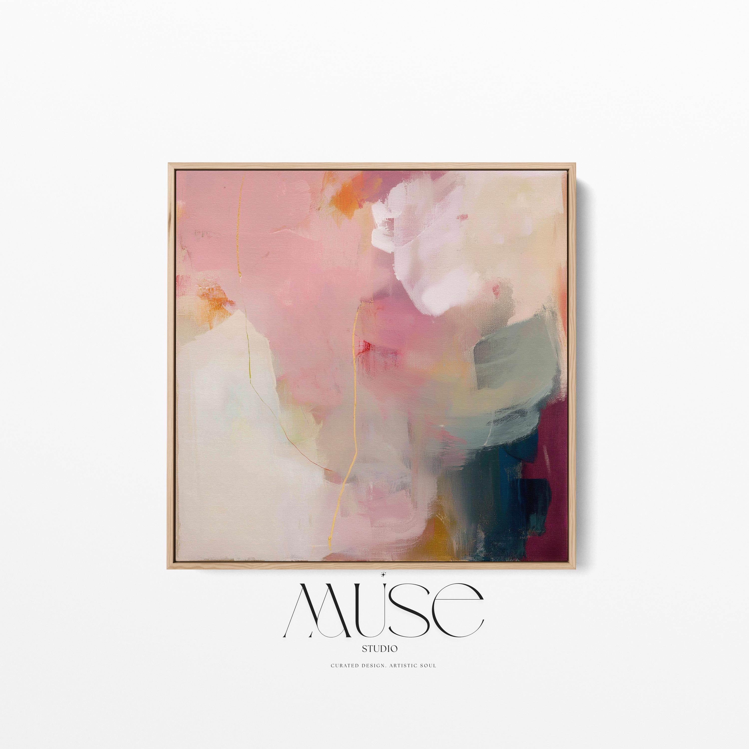Large square abstract wall art in blush pink, warm cream, muted coral, and deep plum tones, printed as gallery-wrapped large canvas wall art, styled above a neutral sofa to create a romantic, painterly focal point for living rooms or bedrooms.