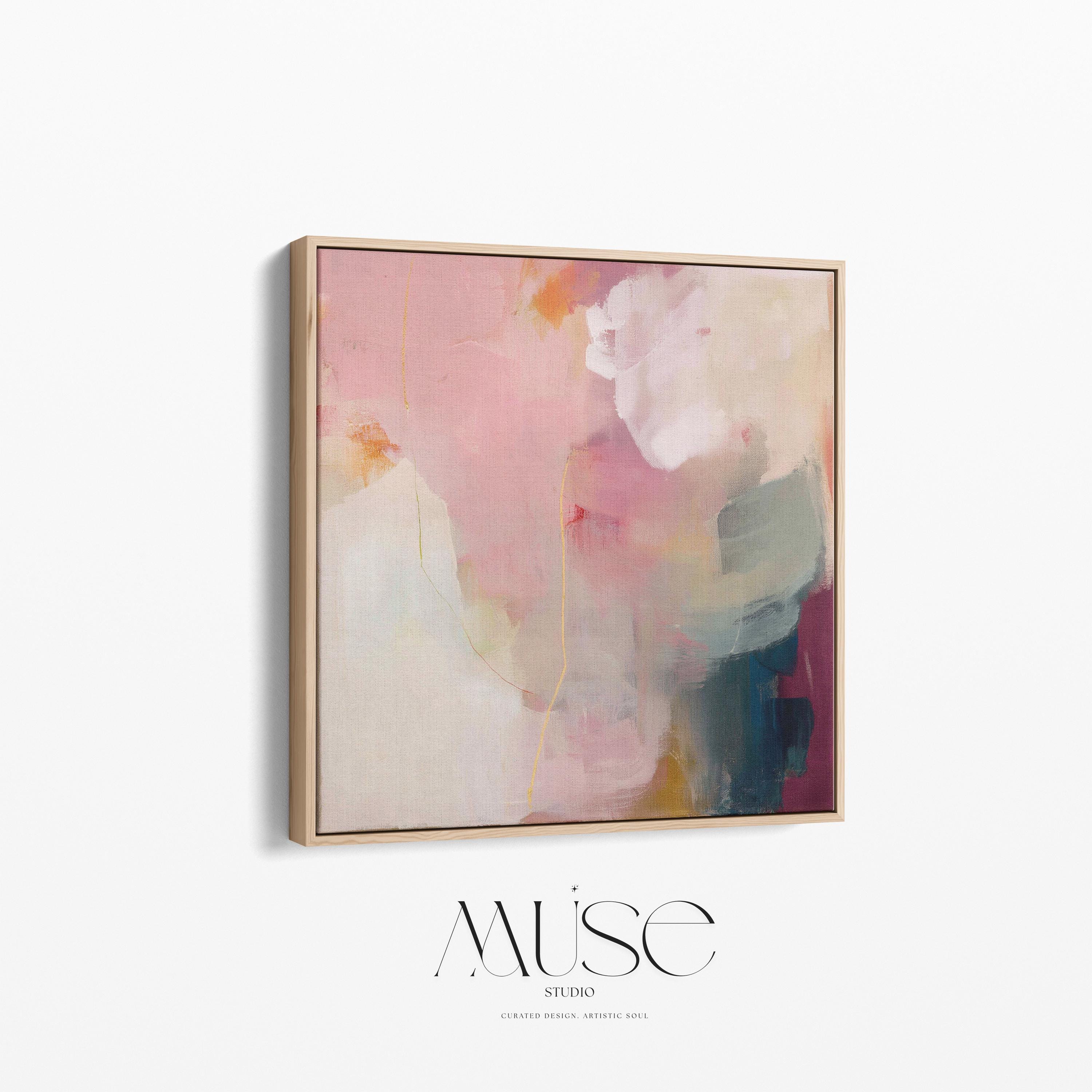 Large square abstract wall art in blush pink, warm cream, muted coral, and deep plum tones, printed as gallery-wrapped large canvas wall art, styled above a neutral sofa to create a romantic, painterly focal point for living rooms or bedrooms.