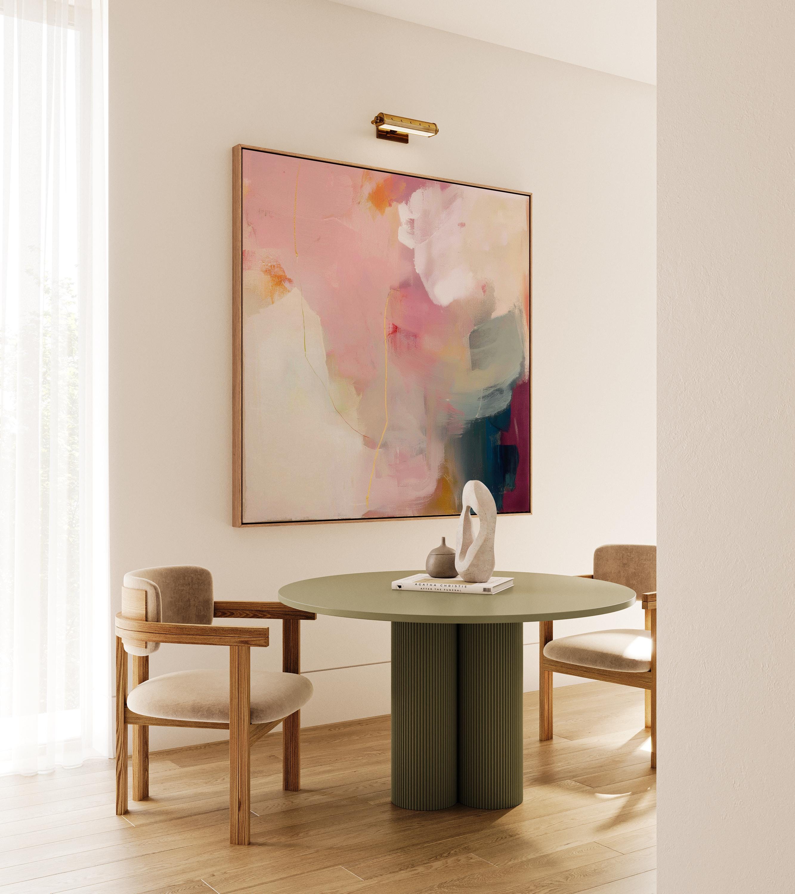 Large square abstract wall art in blush pink, warm cream, muted coral, and deep plum tones, printed as gallery-wrapped large canvas wall art, styled above a neutral sofa to create a romantic, painterly focal point for living rooms or bedrooms.