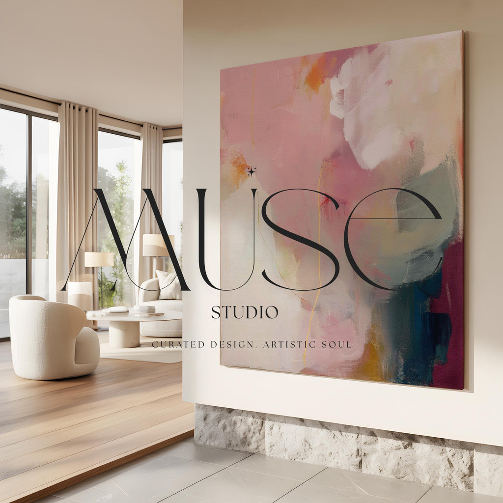 Large square abstract wall art in blush pink, warm cream, coral, and plum tones printed on gallery-wrapped large canvas wall art, styled in a refined living room to create a romantic, painterly focal point.
