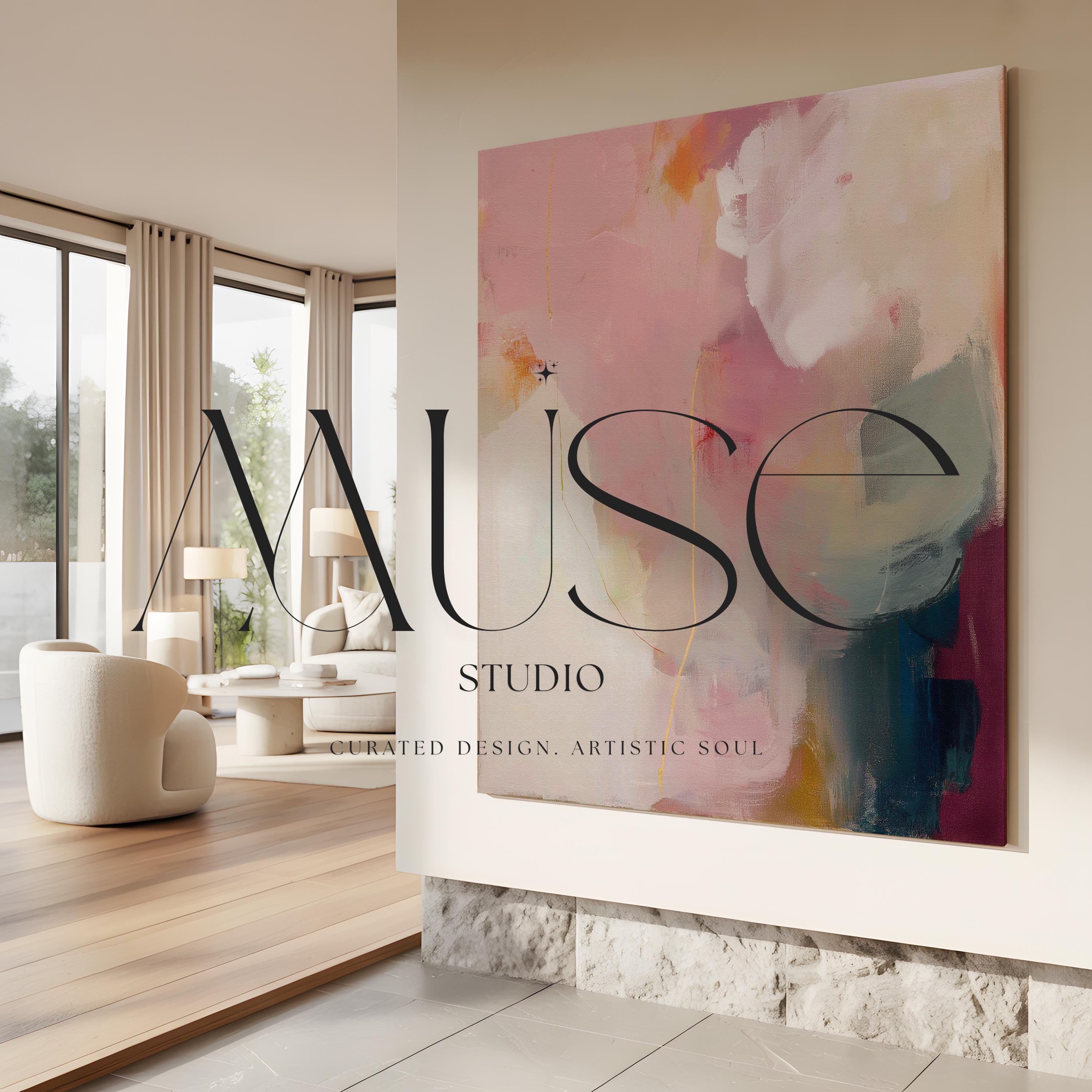 Large square abstract wall art in blush pink, warm cream, coral, and plum tones printed on gallery-wrapped large canvas wall art, styled in a refined living room to create a romantic, painterly focal point.