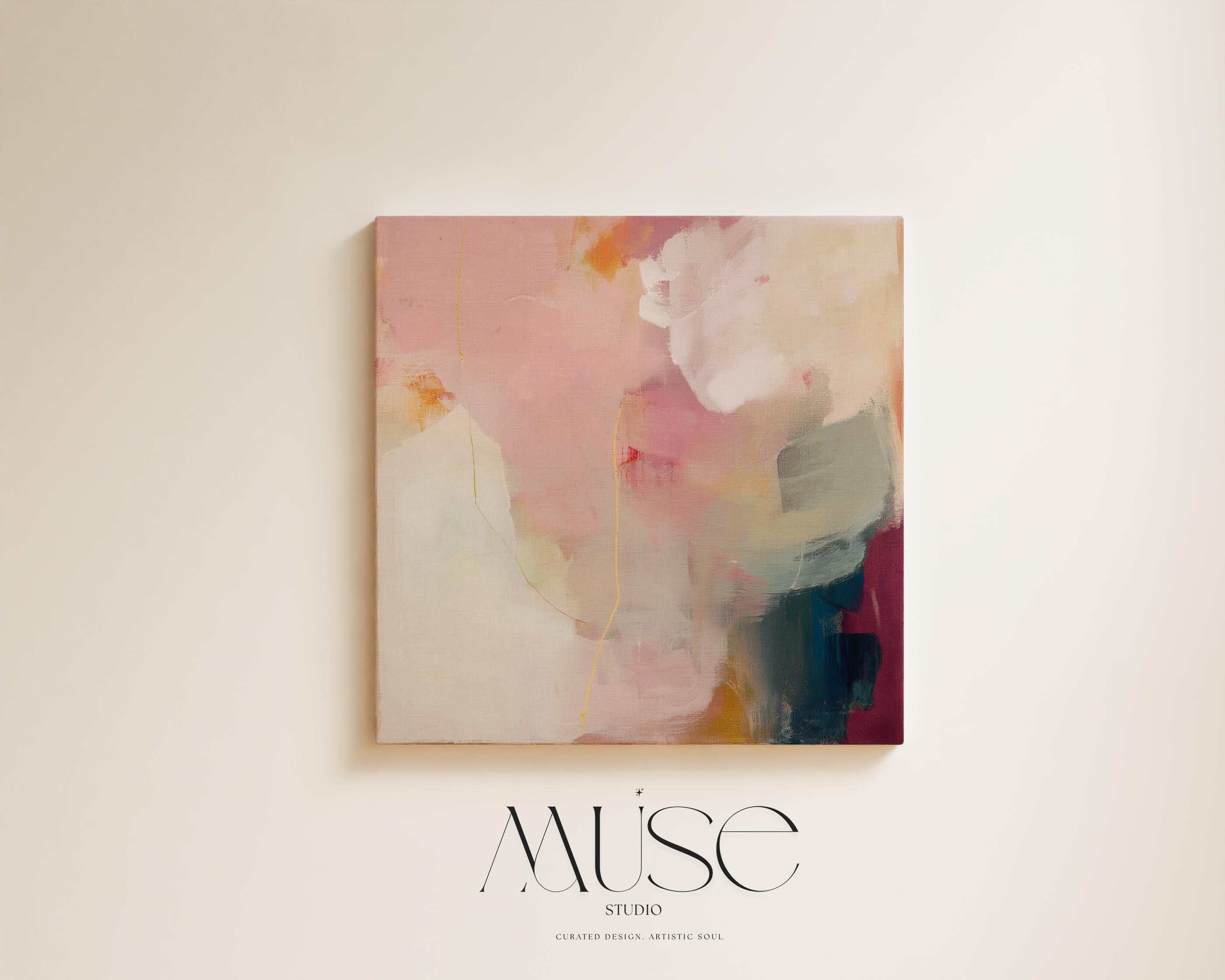 Large square abstract wall art in blush pink, warm cream, coral, and plum tones printed on gallery-wrapped large canvas wall art, styled in a refined living room to create a romantic, painterly focal point.