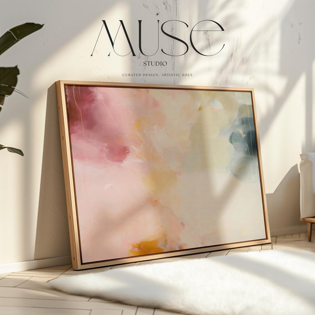 Large horizontal abstract wall art featuring blush pink, coral, cream, and muted blue-grey tones, printed as large canvas wall art and styled above a neutral sofa to create a romantic contemporary focal point in a living room.