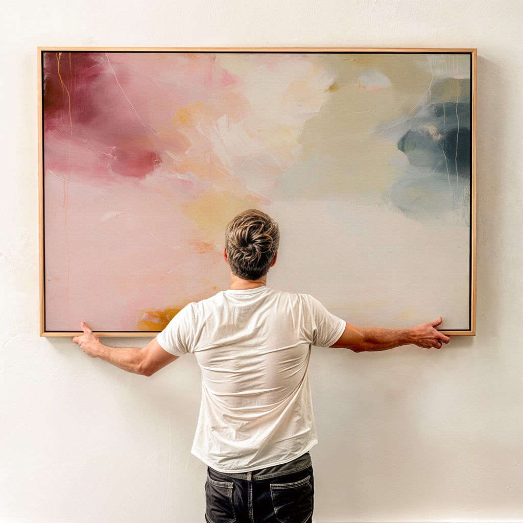 Large horizontal abstract wall art featuring blush pink, coral, cream, and muted blue-grey tones, printed as large canvas wall art and styled above a neutral sofa to create a romantic contemporary focal point in a living room.