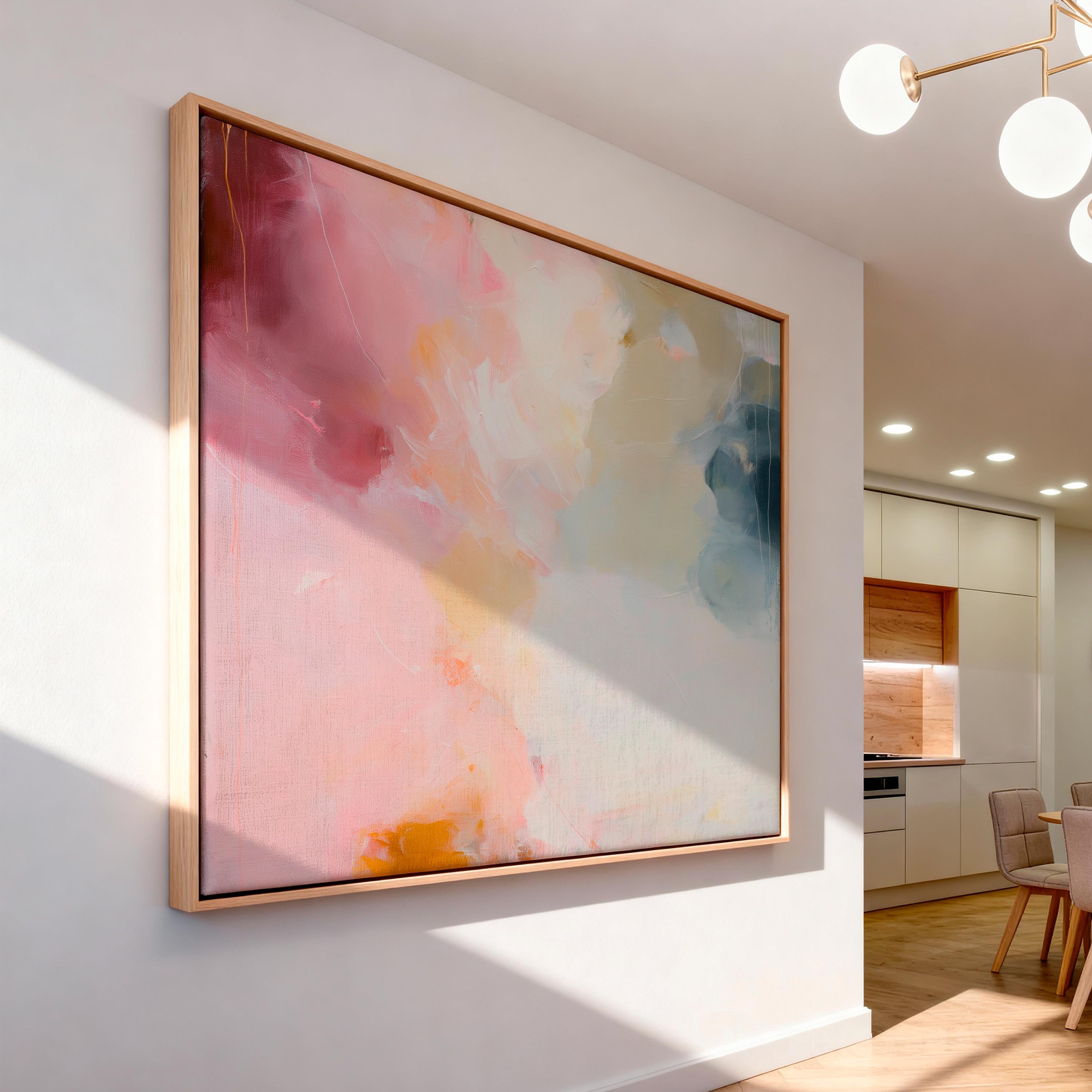 Large horizontal abstract wall art featuring blush pink, coral, cream, and muted blue-grey tones, printed as large canvas wall art and styled above a neutral sofa to create a romantic contemporary focal point in a living room.