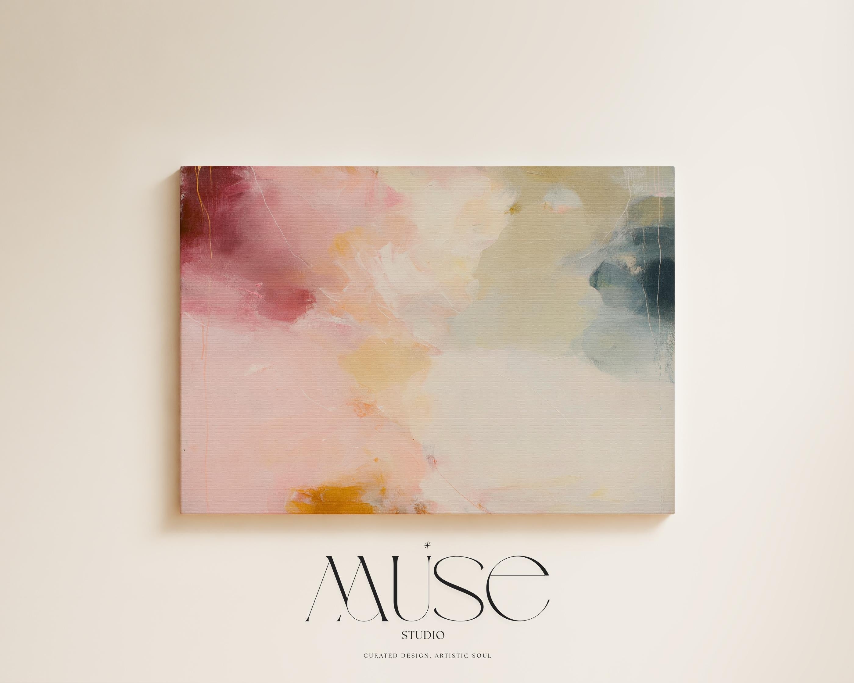 Large horizontal abstract wall art in blush pink, coral, cream, and muted blue-grey tones printed as large canvas wall art, styled above a neutral sofa to create a romantic contemporary focal point.