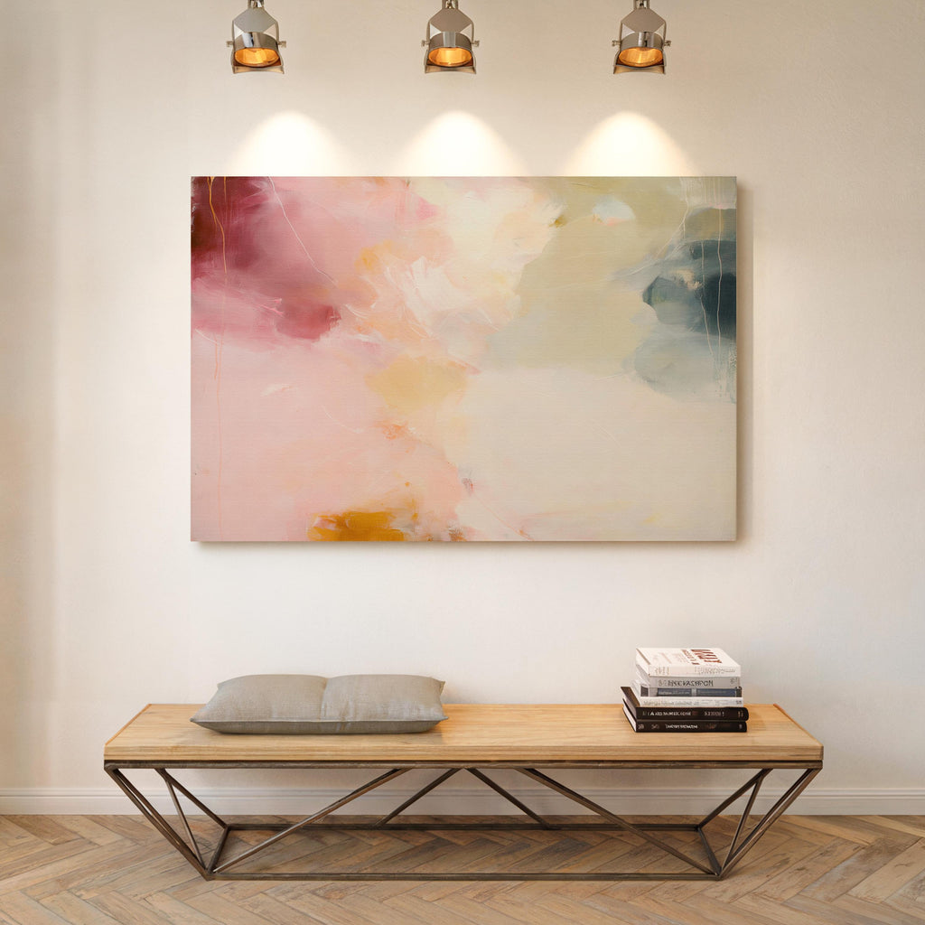 Large horizontal abstract wall art in blush pink, coral, cream, and muted blue-grey tones printed as large canvas wall art, styled above a neutral sofa to create a romantic contemporary focal point.