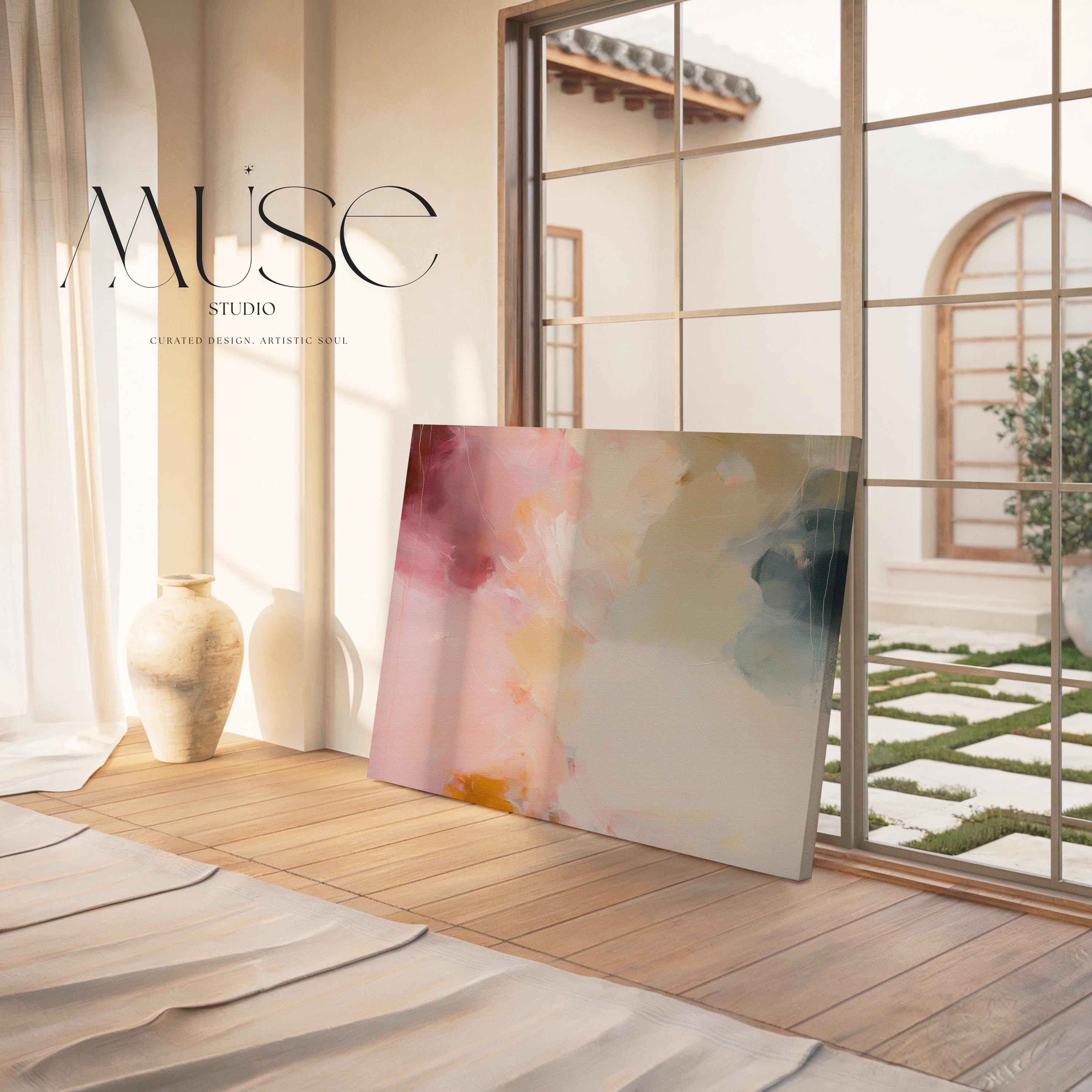 Large horizontal abstract wall art in blush pink, coral, cream, and muted blue-grey tones printed as large canvas wall art, styled above a neutral sofa to create a romantic contemporary focal point.