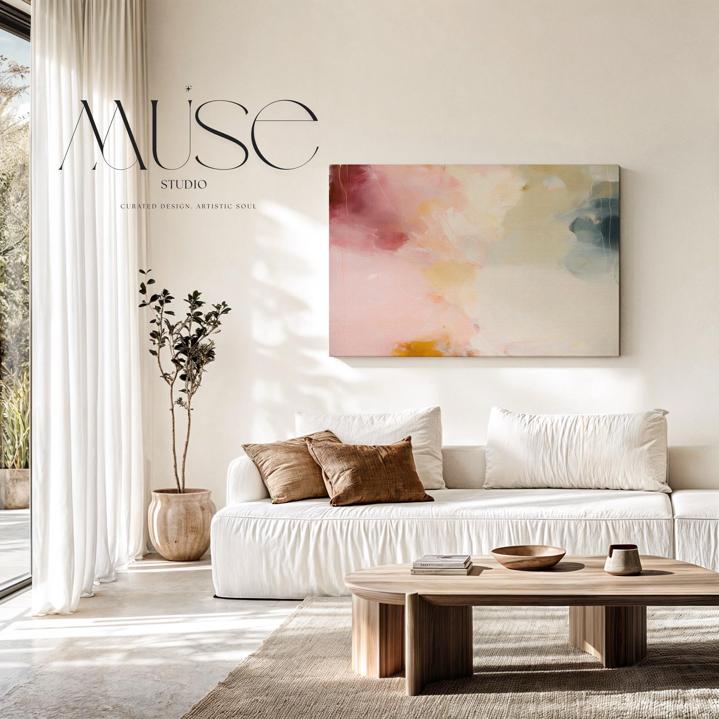 Large horizontal abstract wall art in blush pink, coral, cream, and muted blue-grey tones printed as large canvas wall art, styled above a neutral sofa to create a romantic contemporary focal point.