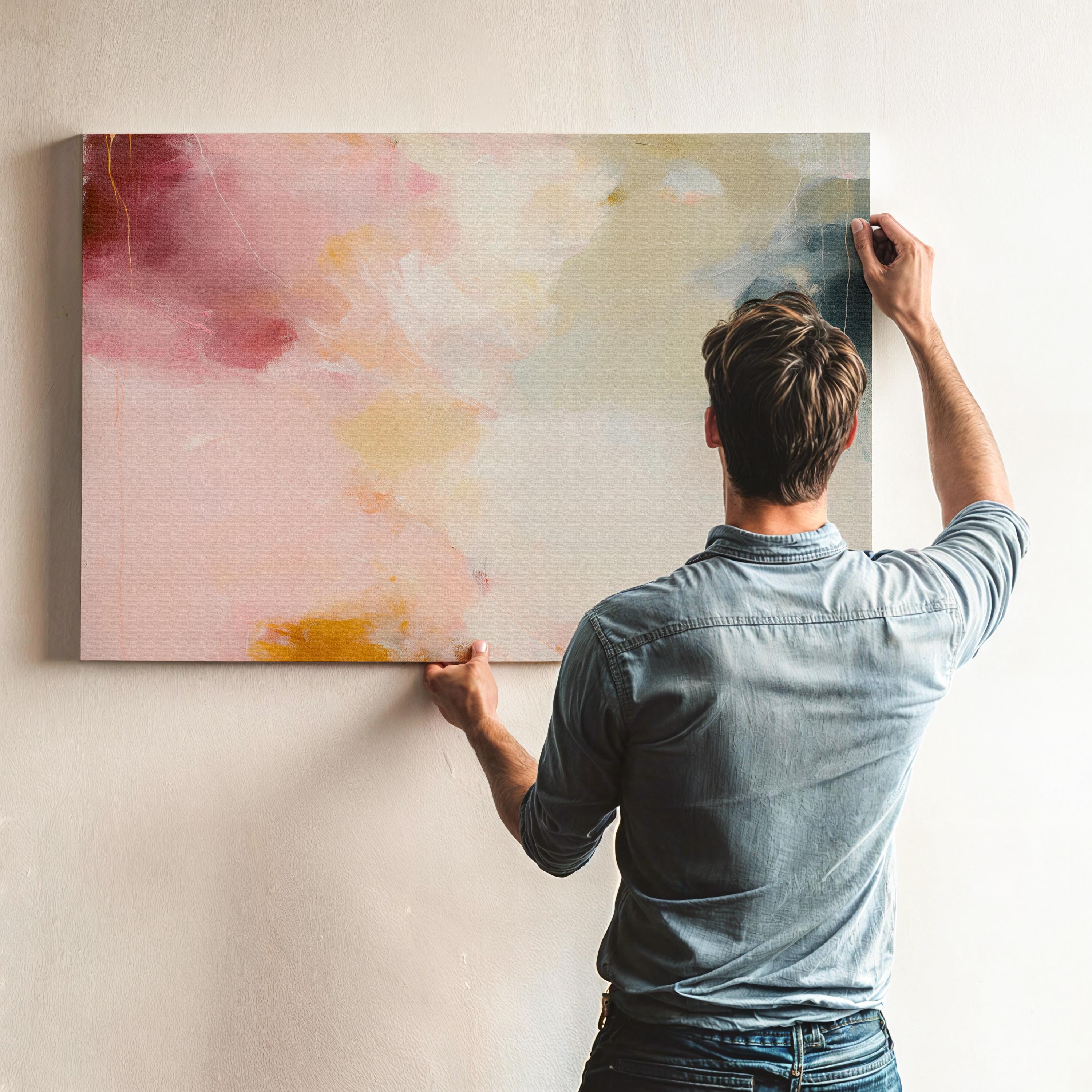 Large horizontal abstract wall art in blush pink, coral, cream, and muted blue-grey tones printed as large canvas wall art, styled above a neutral sofa to create a romantic contemporary focal point.