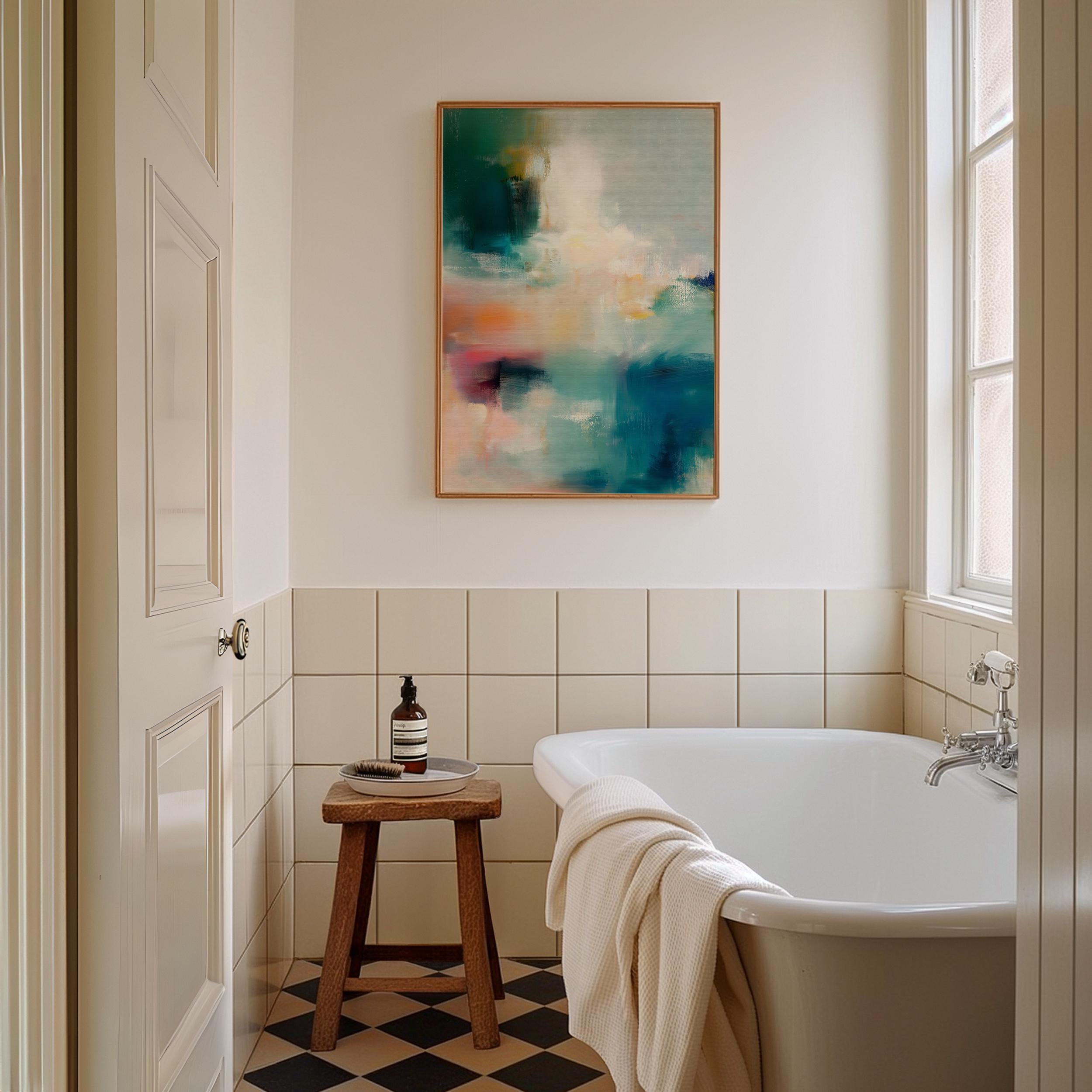 Vertical abstract canvas wall art featuring teal, coral, blush, and warm tones blended in painterly textures. Contemporary large artwork framed in wood, perfect for living room, bedroom, or office statement decor. Designed to suit transitional, modern, and soft contemporary interiors. Available as canvas wall art, framed canvas, or fine art print.