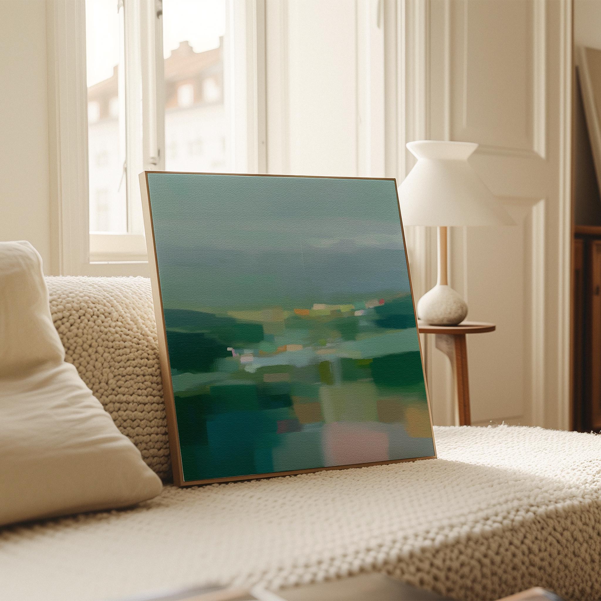 Large square framed canvas wall art in layered sage, deep green, and misty blue tones styled against a light neutral wall, creating a calm nature-inspired focal point in a refined interior.