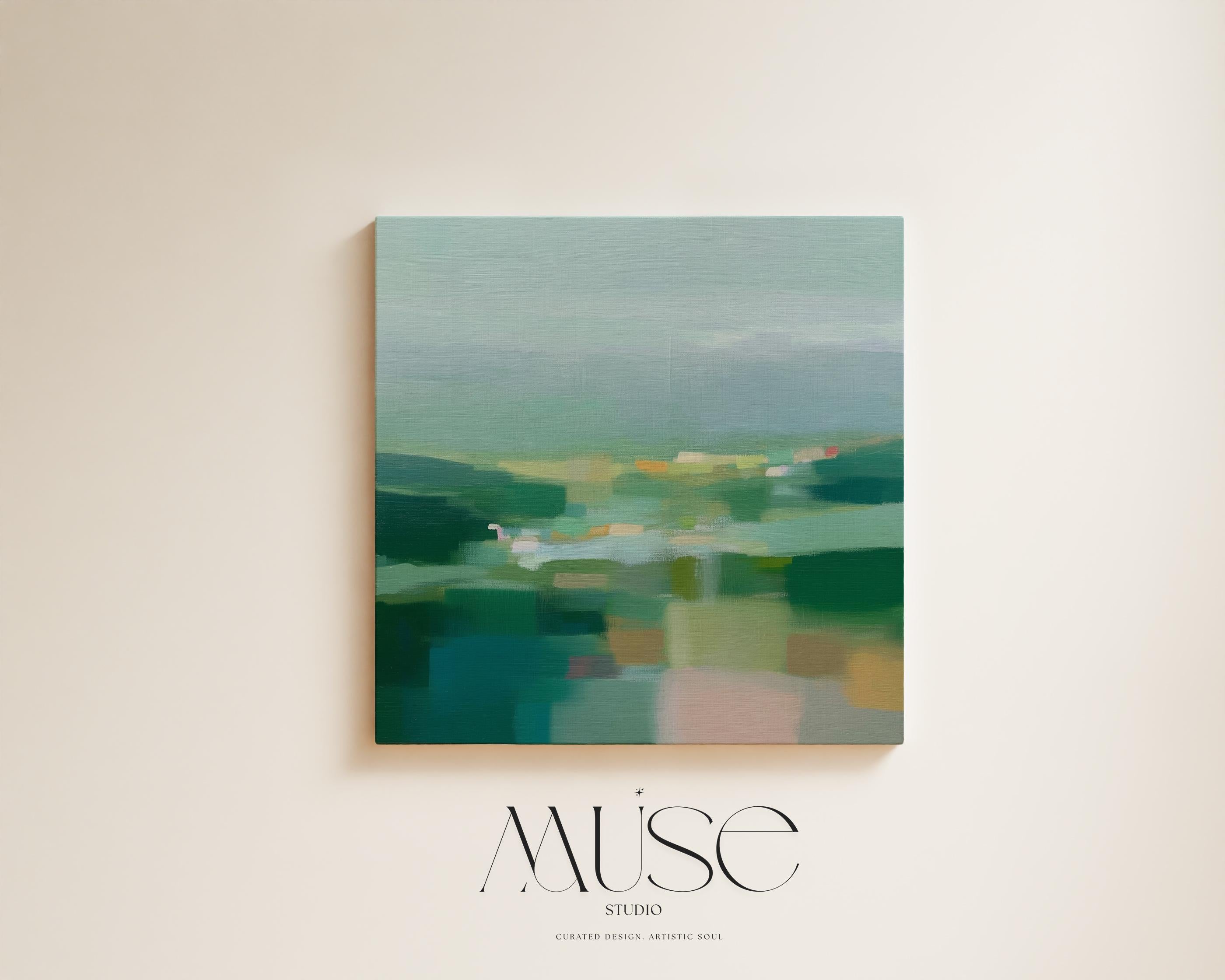 Abstract Landscape Canvas Wall Art, Modern Farmhouse Decor, Moody Green Rural Painting, Serene Nature-Inspired Art · Meadow Quiet 1022