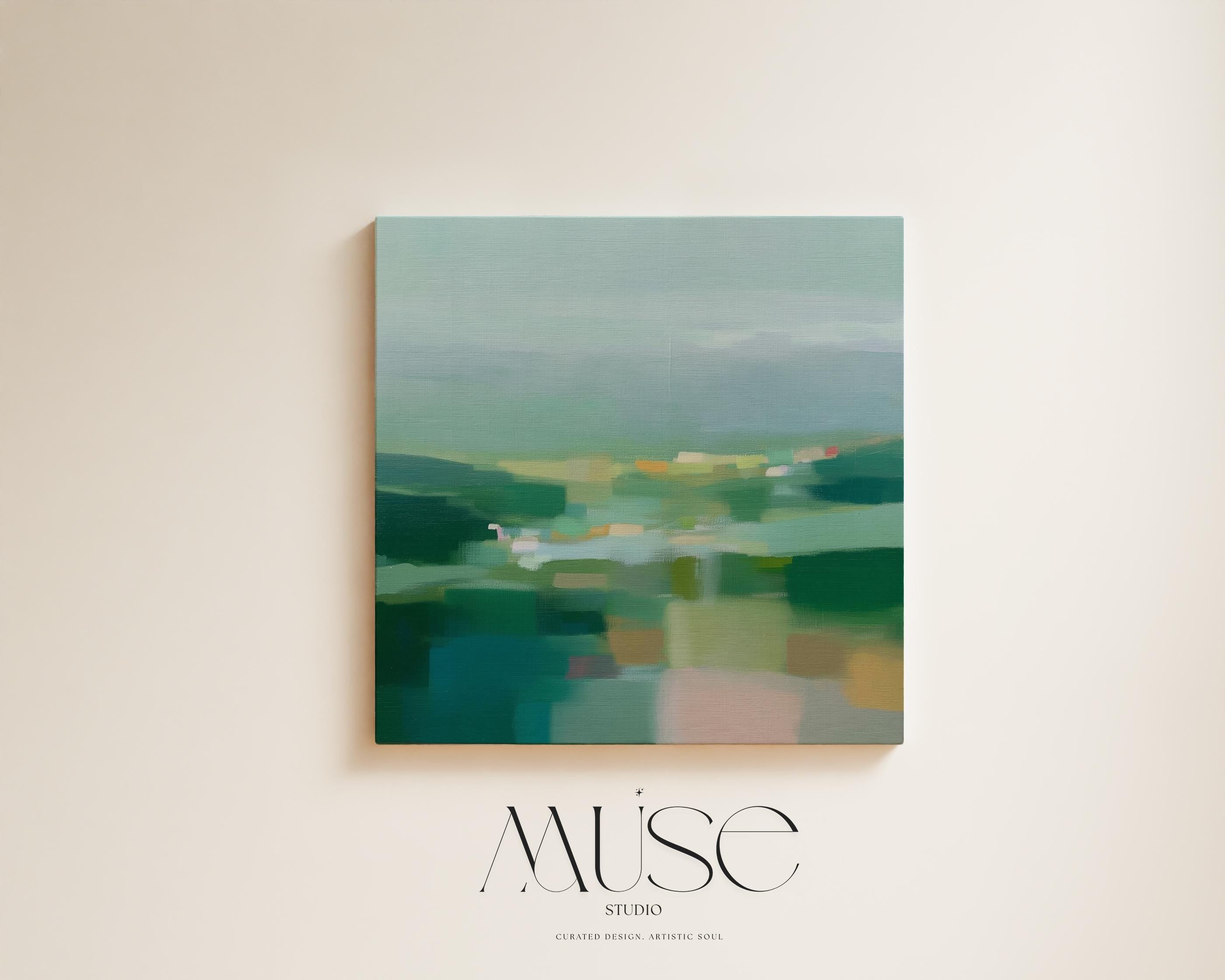 Abstract Landscape Canvas Wall Art, Modern Farmhouse Decor, Moody Green Rural Painting, Serene Nature-Inspired Art · Meadow Quiet 1022