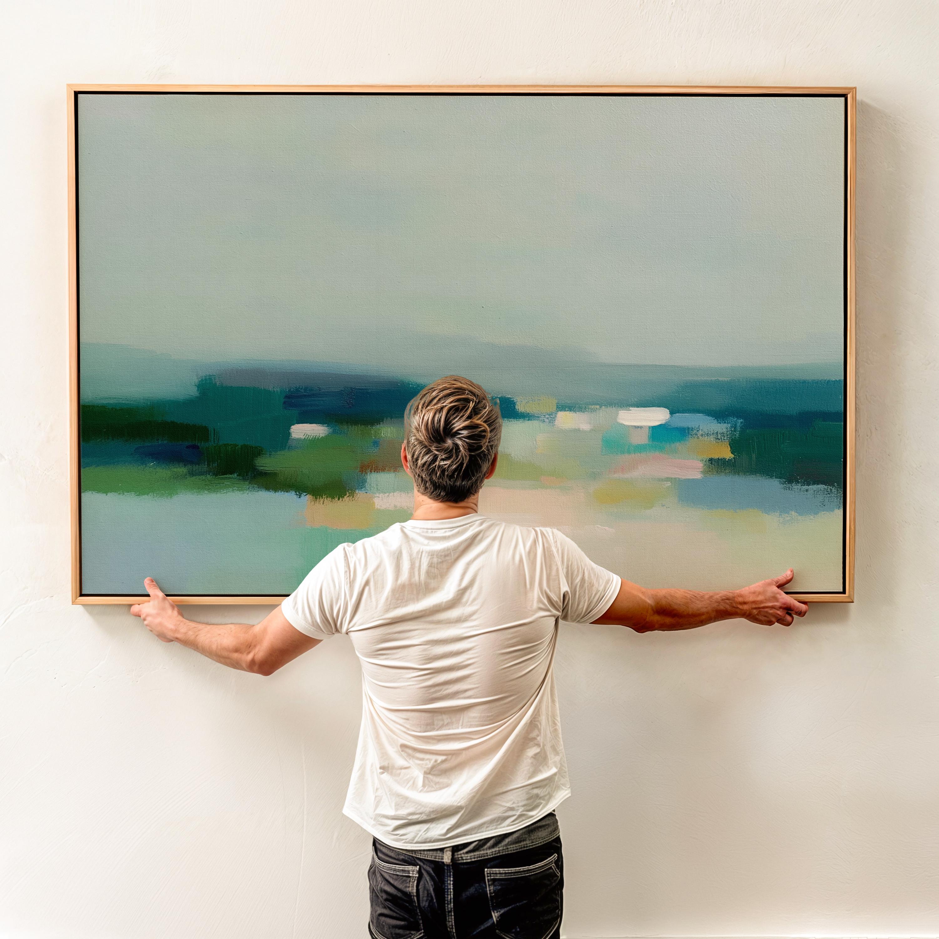 Large horizontal framed canvas wall art in sage green, deep teal, cream, and soft blue tones styled above a light wood console in a warm neutral interior, creating a calm landscape-inspired focal point.