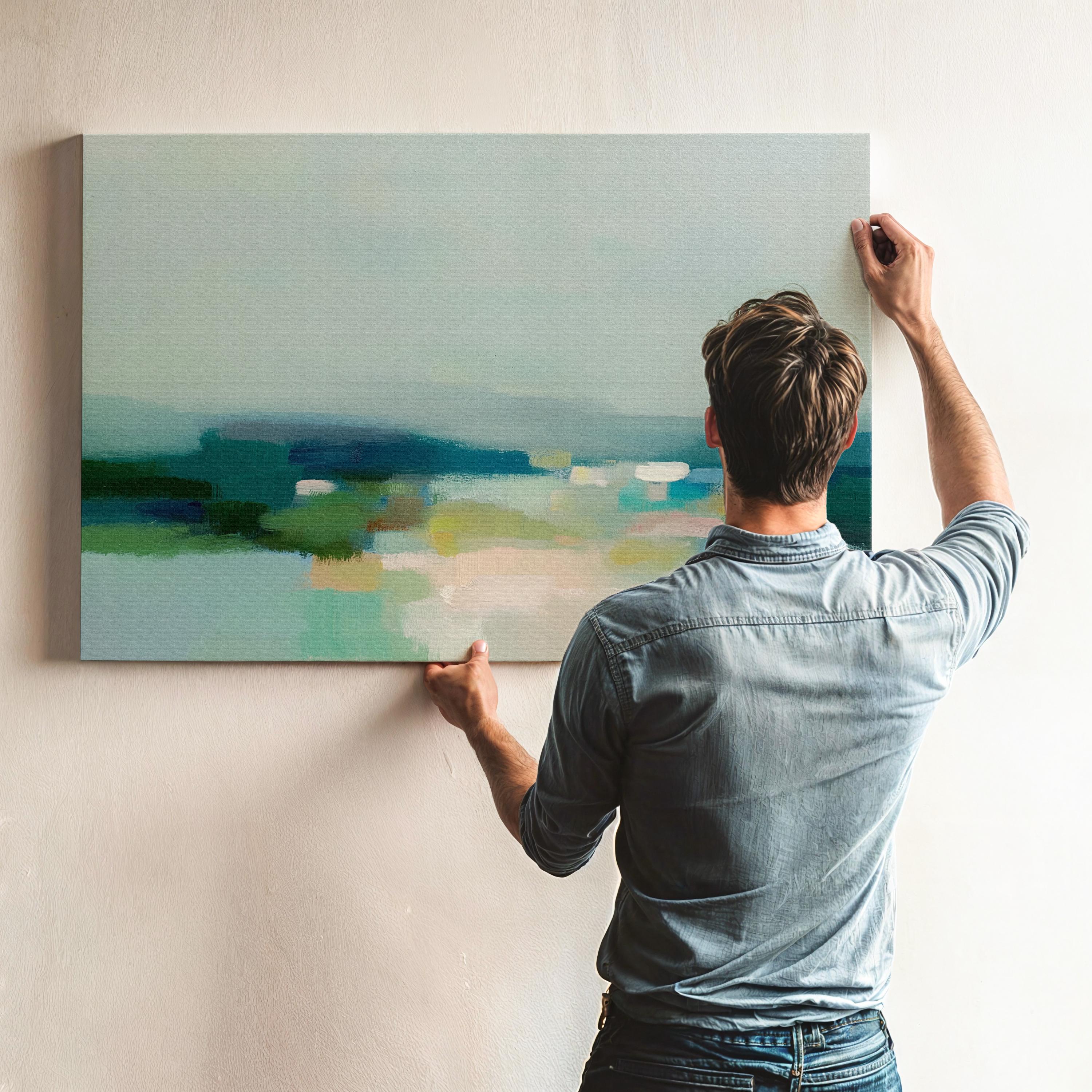 Large horizontal stretched canvas wall art in layered sage, teal, cream, and soft blue tones styled above a wood console, adding calm landscape-inspired color and airy depth to a neutral interior.