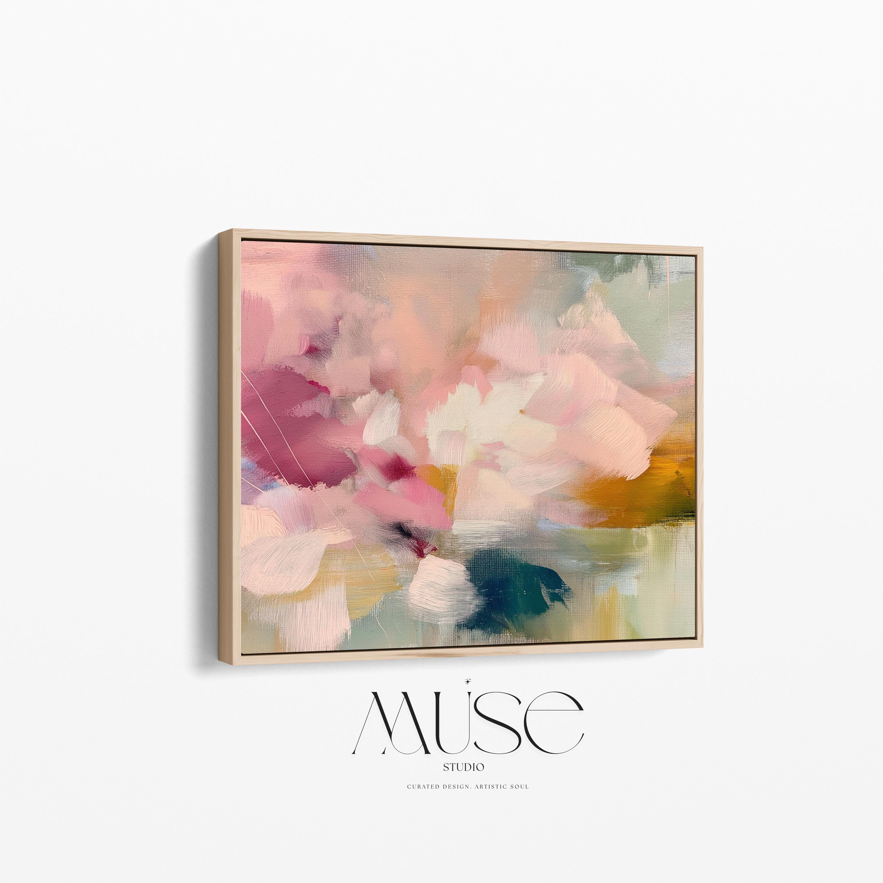 Soft blush, coral, teal and cream floral abstract framed canvas wall art by Muse Studio & Co. in a natural wood floating frame, styled as a calming focal piece in a warm contemporary living space.
