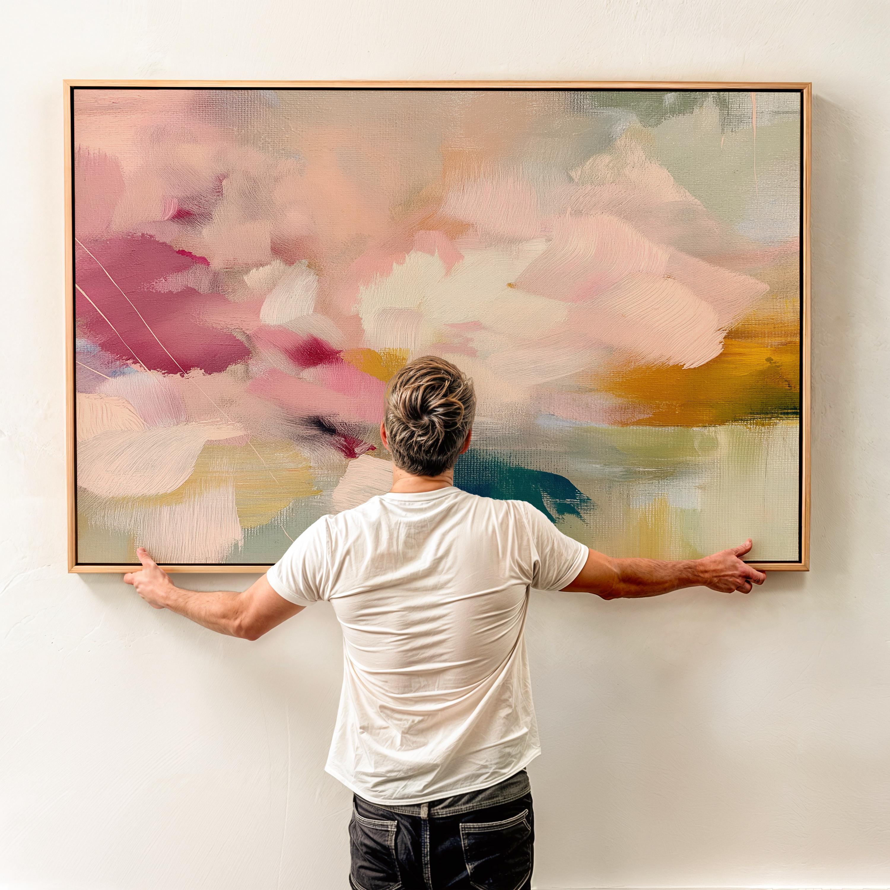Soft blush, coral, teal and cream floral abstract framed canvas wall art by Muse Studio & Co. in a natural wood floating frame, styled as a calming focal piece in a warm contemporary living space.