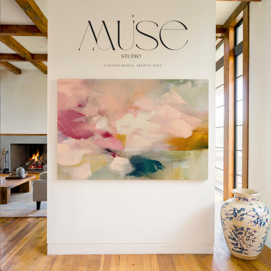 Blush pink, coral, teal and cream floral abstract stretched canvas wall art by Muse Studio & Co. with gallery wrapped edges displayed in a soft contemporary home interior.