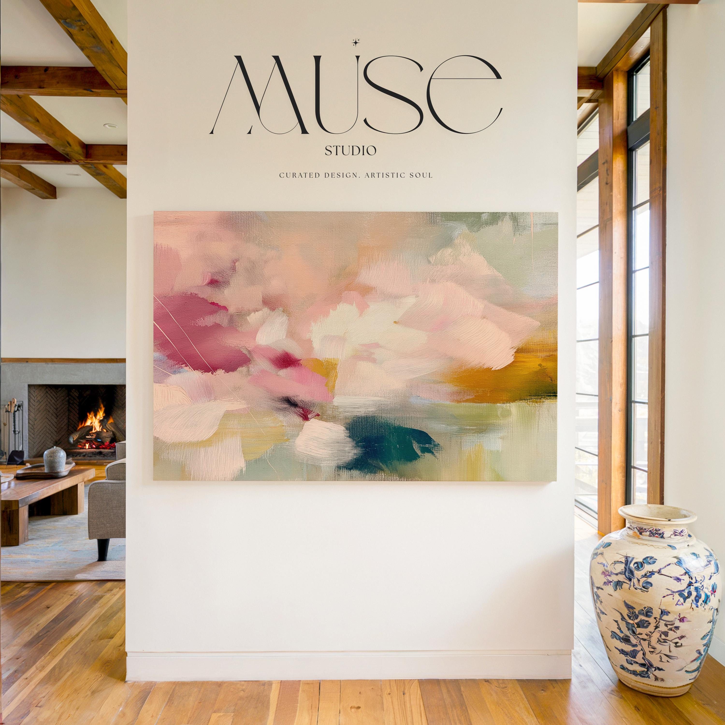 Blush pink, coral, teal and cream floral abstract stretched canvas wall art by Muse Studio & Co. with gallery wrapped edges displayed in a soft contemporary home interior.