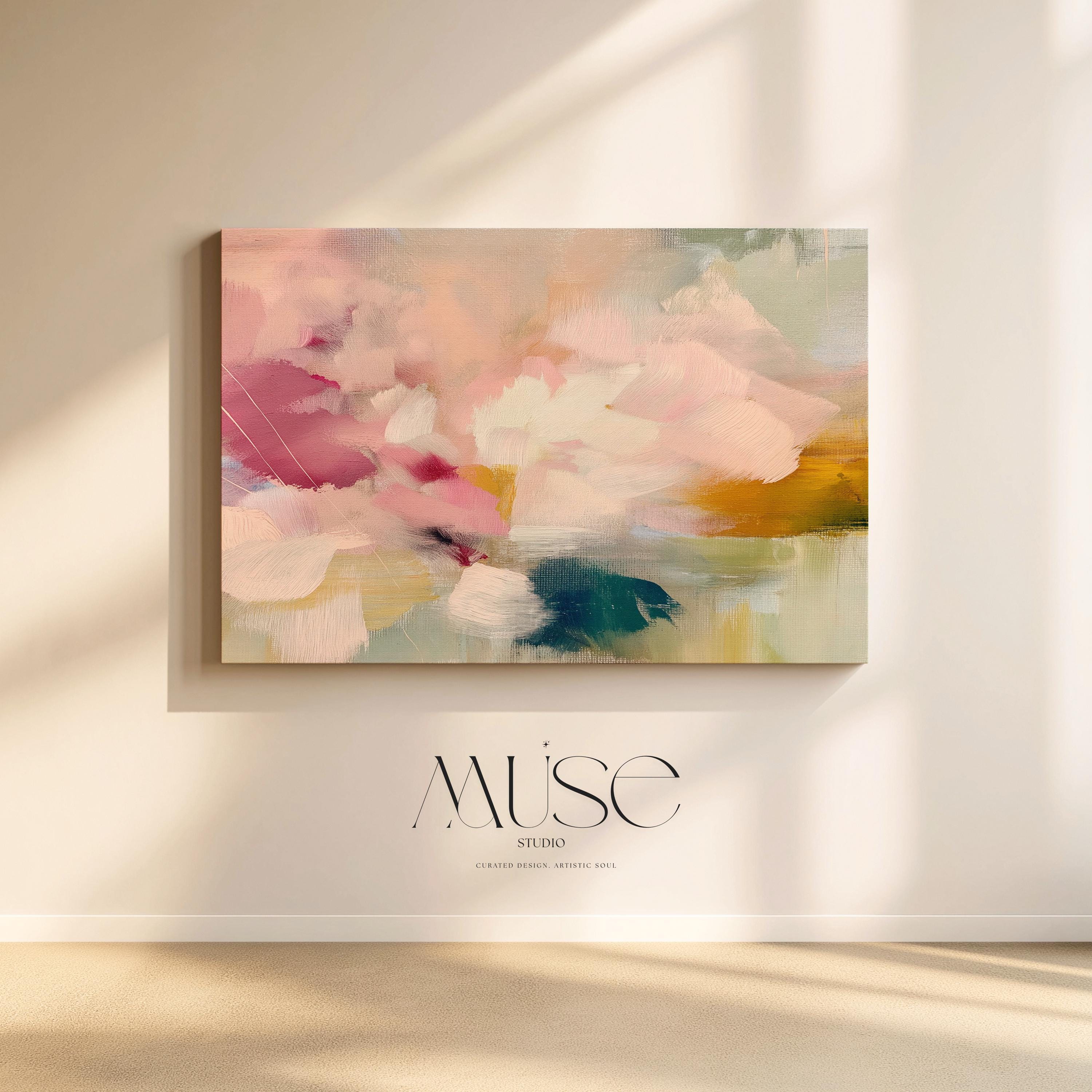 Blush pink, coral, teal and cream floral abstract stretched canvas wall art by Muse Studio & Co. with gallery wrapped edges displayed in a soft contemporary home interior.