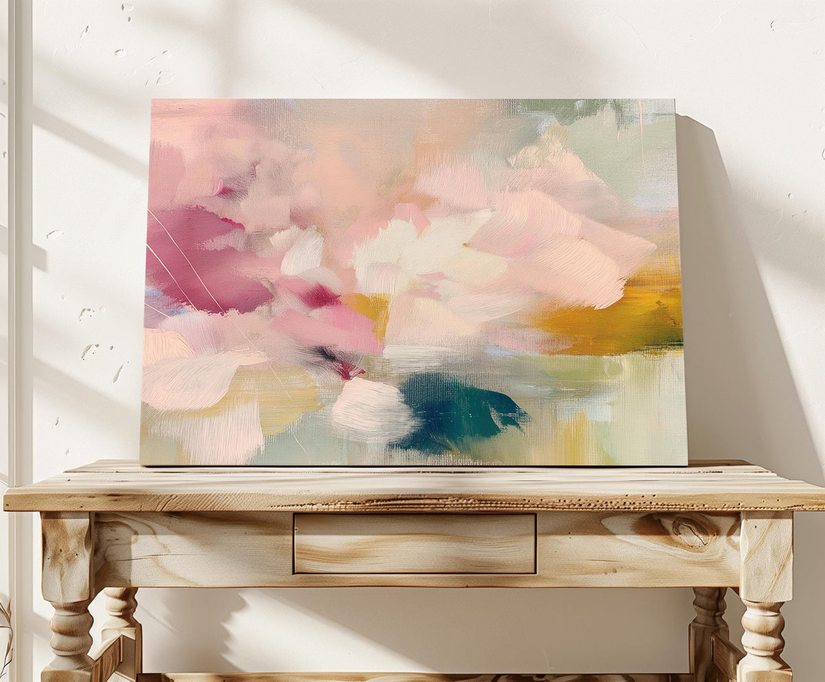 Blush pink, coral, teal and cream floral abstract stretched canvas wall art by Muse Studio & Co. with gallery wrapped edges displayed in a soft contemporary home interior.