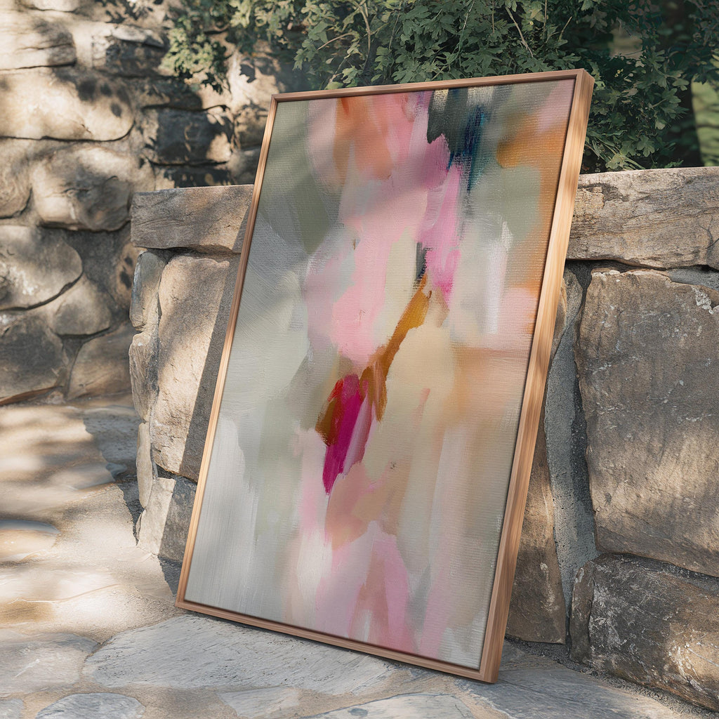 Blush, cream, beige and soft sage abstract framed canvas wall art by Muse Studio & Co. in a natural wood floating frame styled in a warm modern farmhouse bedroom interior.