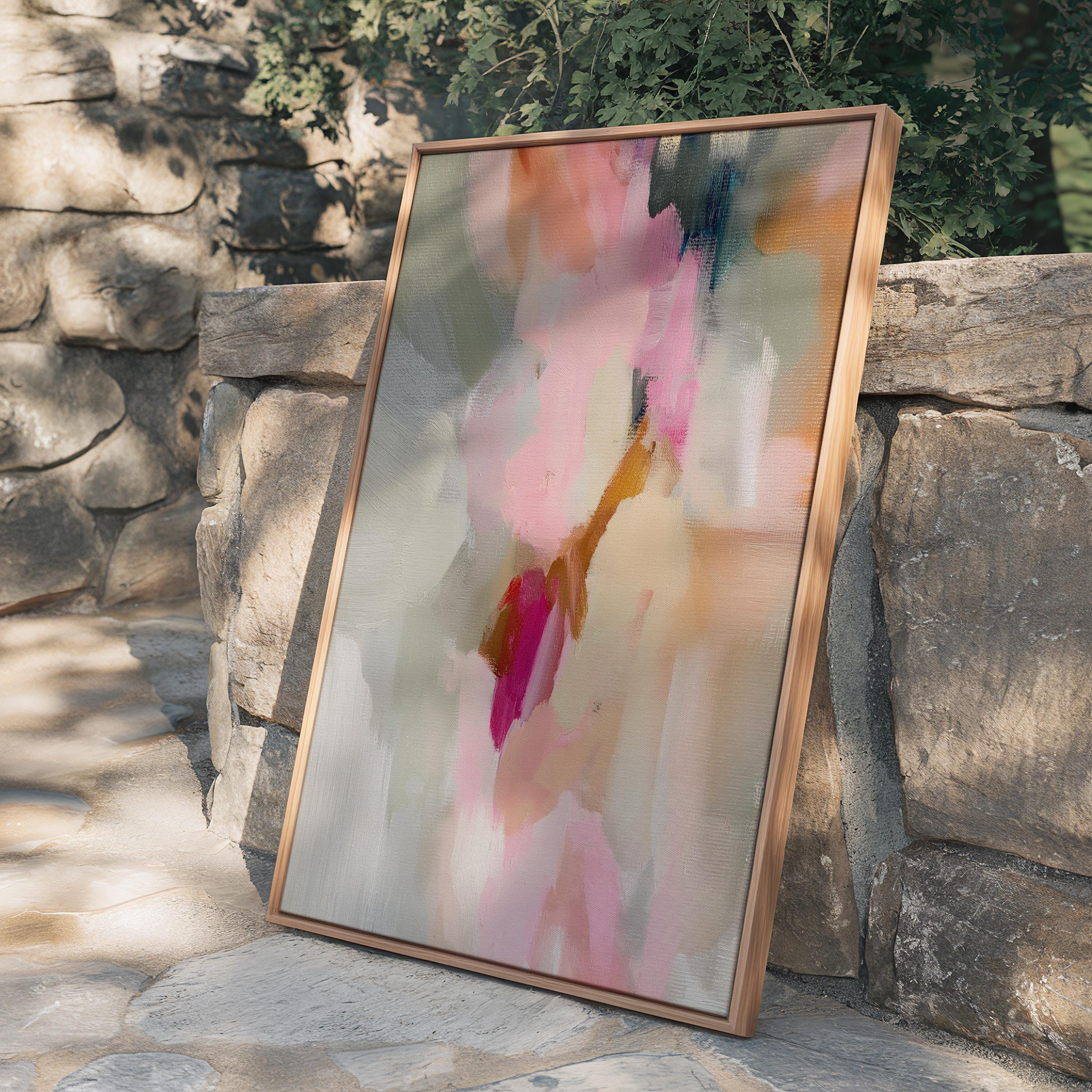Blush, cream, beige and soft sage abstract framed canvas wall art by Muse Studio & Co. in a natural wood floating frame styled in a warm modern farmhouse bedroom interior.