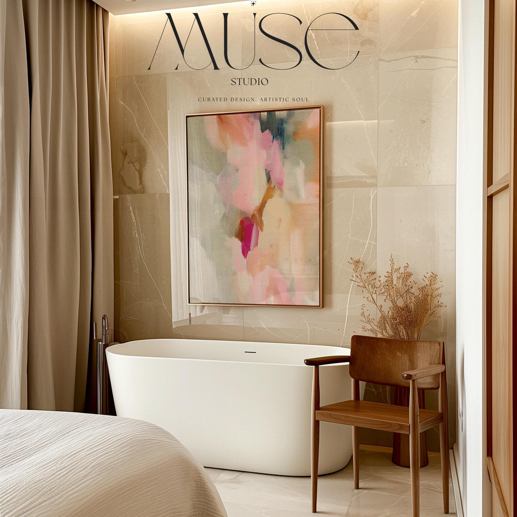 Blush, cream, beige and soft sage abstract framed canvas wall art by Muse Studio & Co. in a natural wood floating frame styled in a warm modern farmhouse bedroom interior.