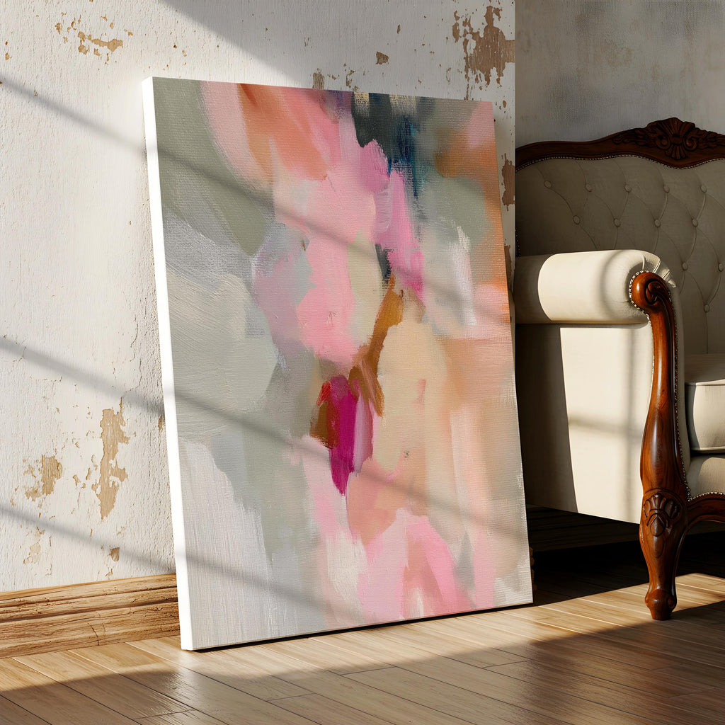 Blush, cream, warm beige and soft sage vertical abstract artwork printed by Muse Studio & Co. as a museum-quality giclée framed canvas, custom printed and hand-assembled in multiple large sizes with a natural wood floating frame, designed for modern farmhouse and organic transitional interiors.