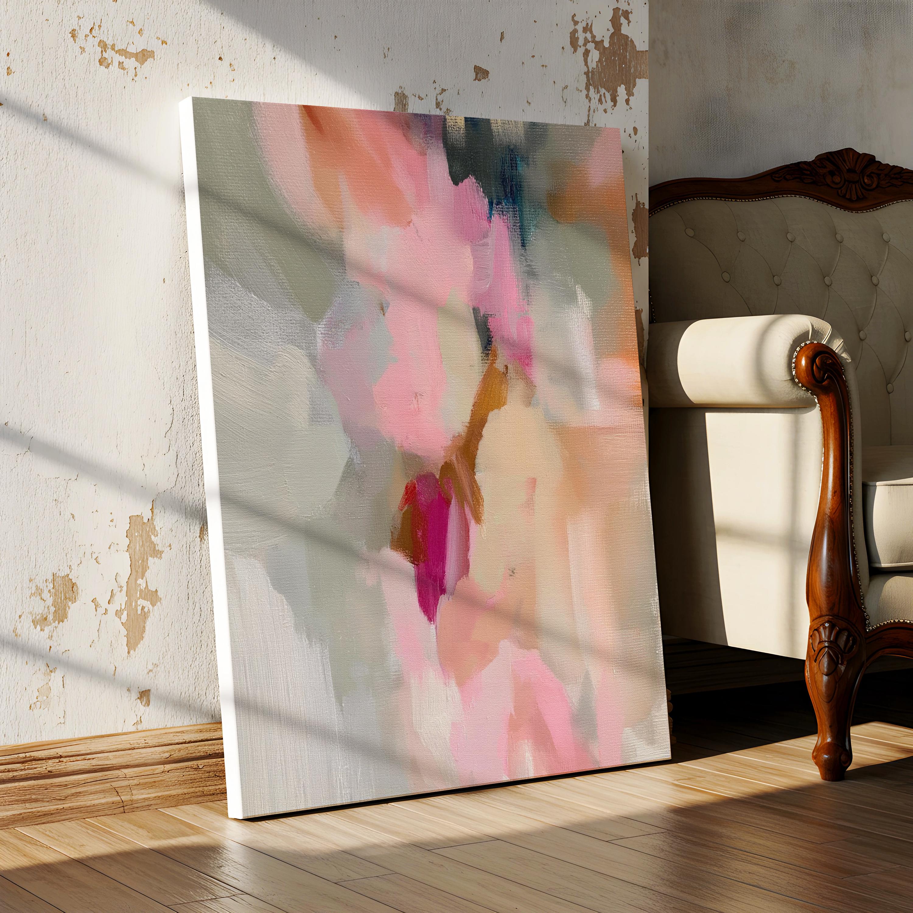 Blush, cream, warm beige and soft sage vertical abstract artwork printed by Muse Studio & Co. as a museum-quality giclée framed canvas, custom printed and hand-assembled in multiple large sizes with a natural wood floating frame, designed for modern farmhouse and organic transitional interiors.