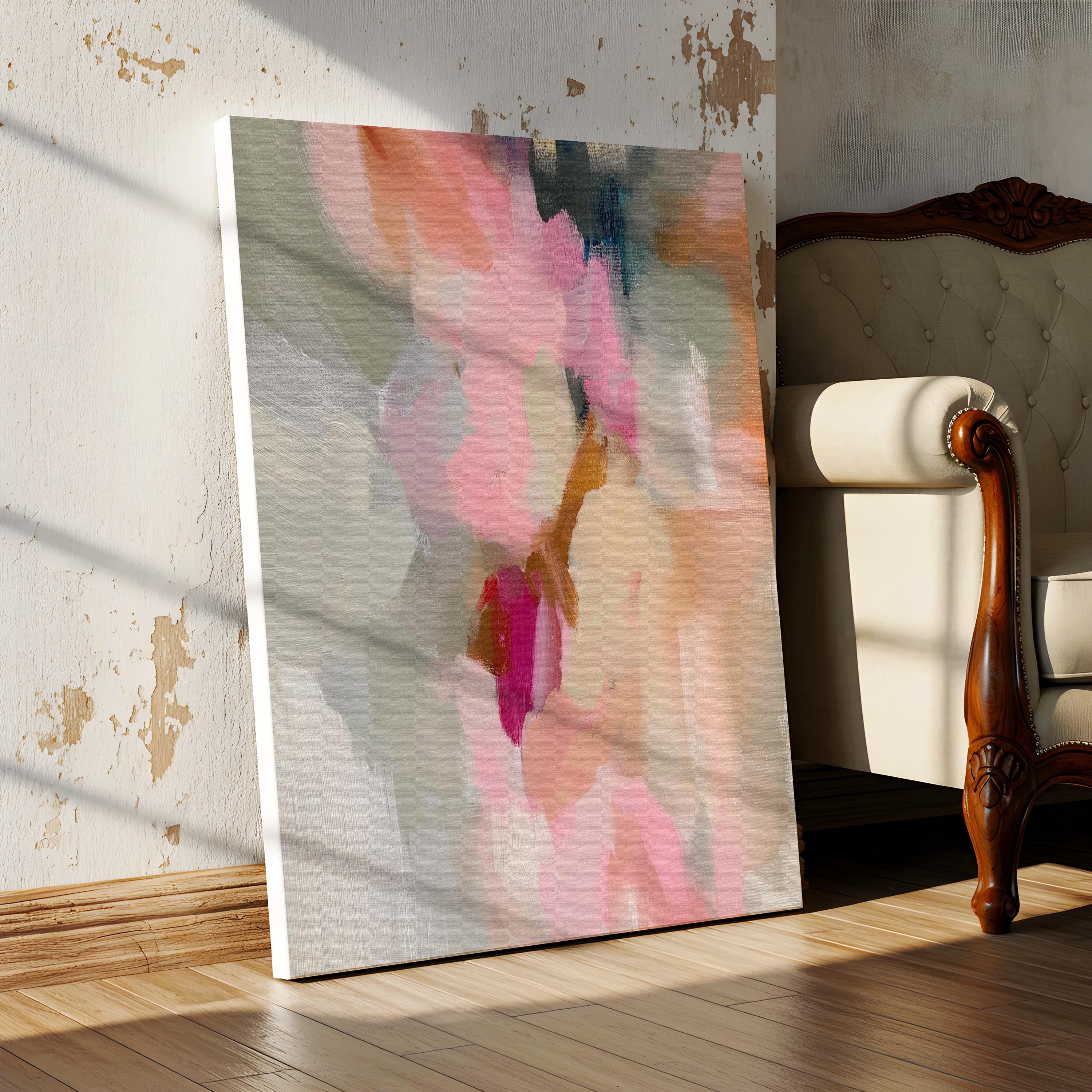 Blush, cream, warm beige and soft sage vertical abstract artwork printed by Muse Studio & Co. as a museum-quality giclée framed canvas, custom printed and hand-assembled in multiple large sizes with a natural wood floating frame, designed for modern farmhouse and organic transitional interiors.