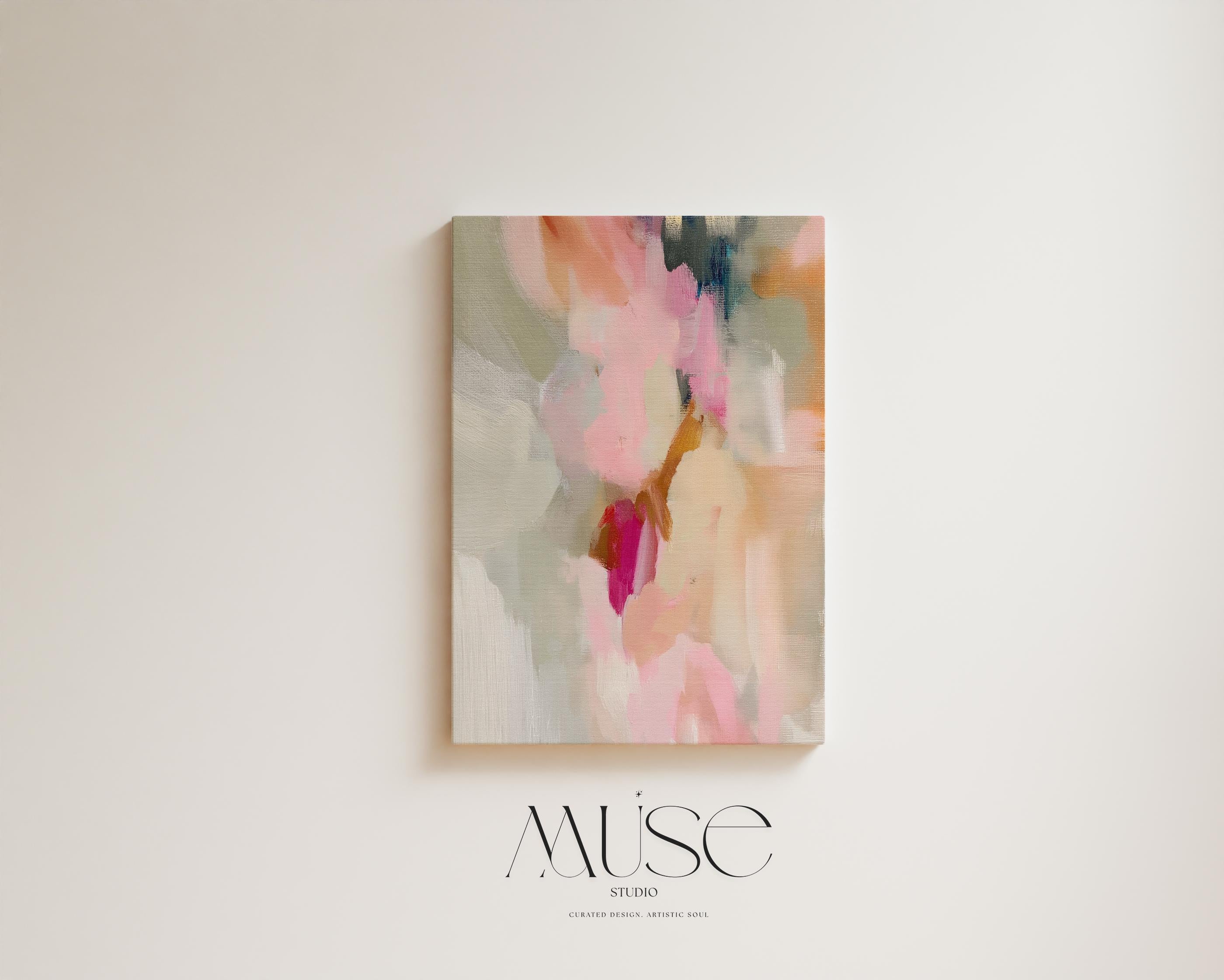Blush, cream, warm beige and soft sage vertical abstract artwork printed by Muse Studio & Co. as a museum-quality giclée framed canvas, custom printed and hand-assembled in multiple large sizes with a natural wood floating frame, designed for modern farmhouse and organic transitional interiors.