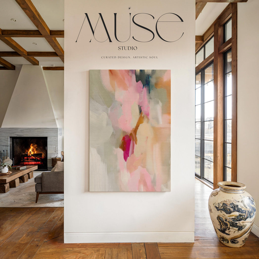 Blush, cream, warm beige and soft sage vertical abstract artwork printed by Muse Studio & Co. as a museum-quality giclée framed canvas, custom printed and hand-assembled in multiple large sizes with a natural wood floating frame, designed for modern farmhouse and organic transitional interiors.