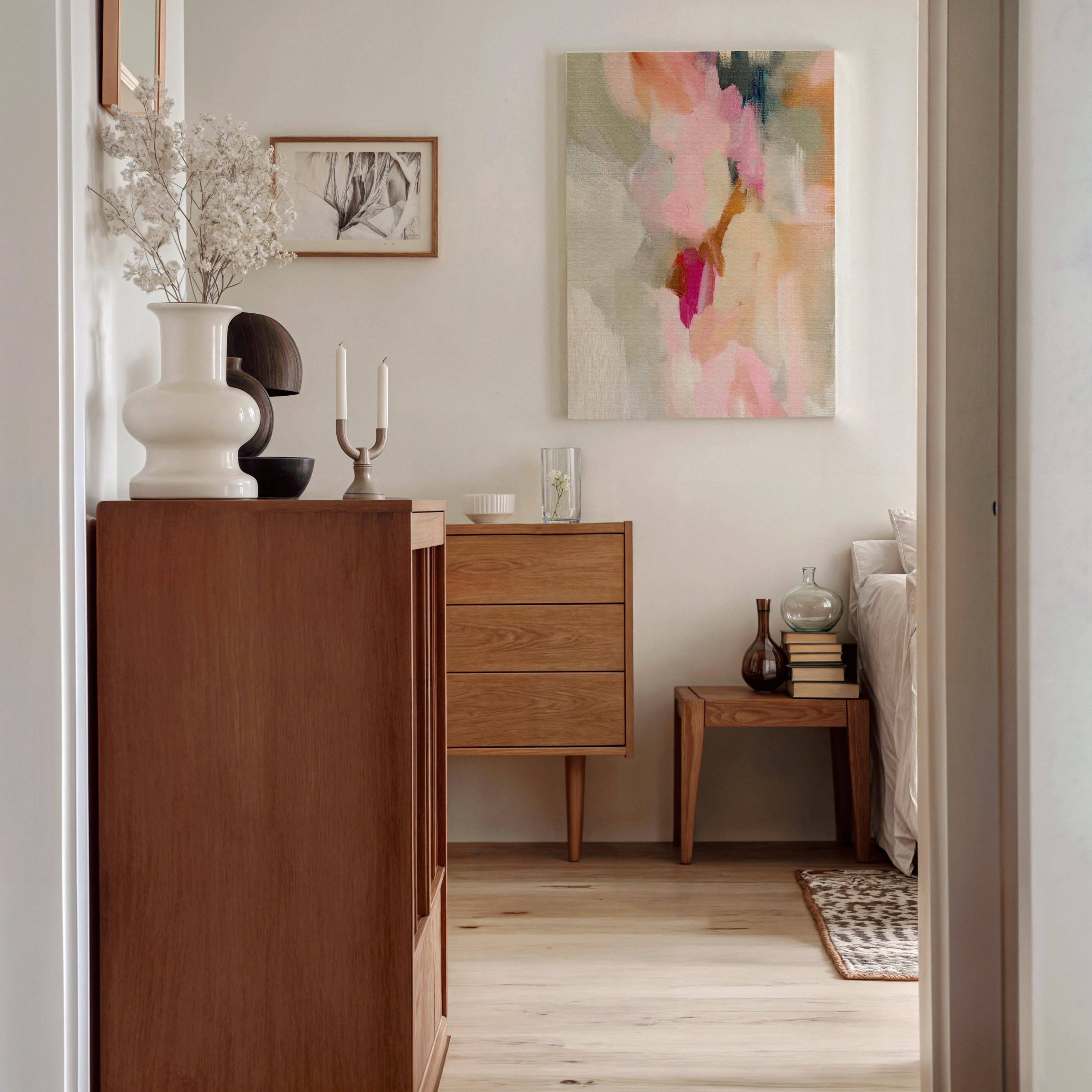 Blush, cream, warm beige and soft sage vertical abstract artwork printed by Muse Studio & Co. as a museum-quality giclée framed canvas, custom printed and hand-assembled in multiple large sizes with a natural wood floating frame, designed for modern farmhouse and organic transitional interiors.